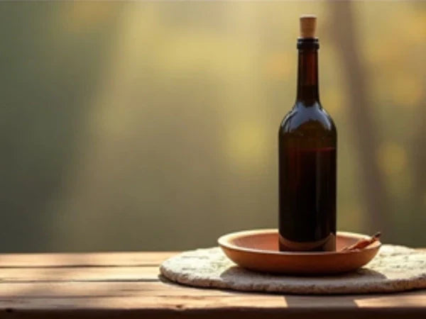 Bouteille de vin posée sur un dessous-de-bouteille en liège, ambiance chaleureuse