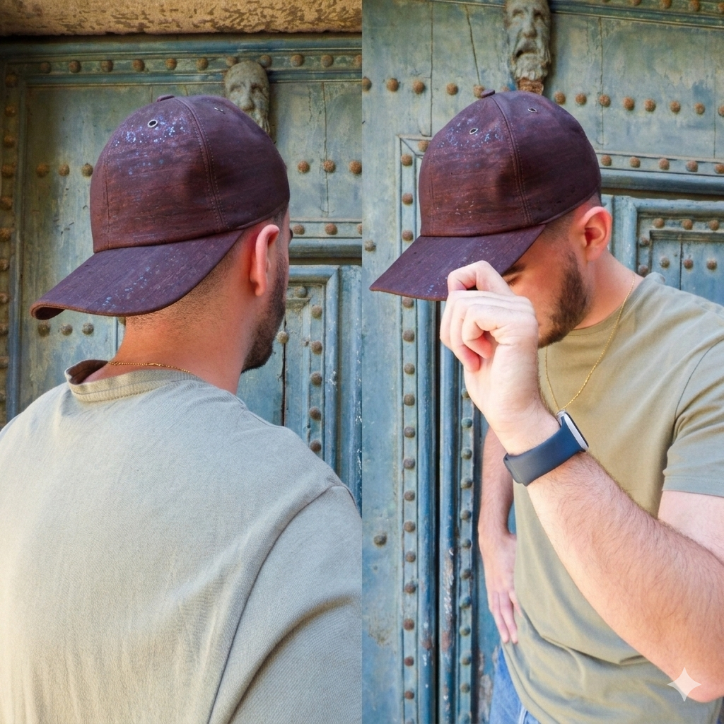 Homme portant une casquette en liège teinté prune devant une porte ancienne bleue