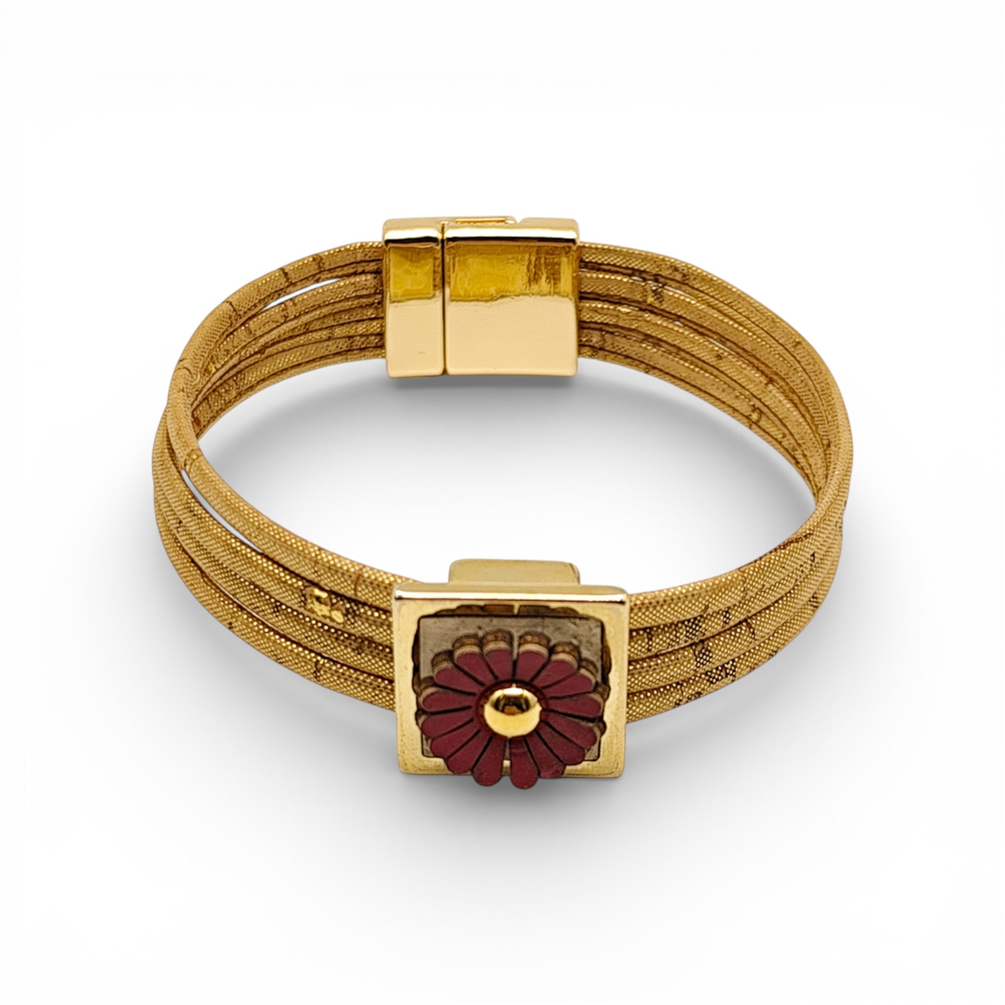 Bracelet multi-rangs en liège à motif fleur rouge et fermoir magnétique, bijou léger