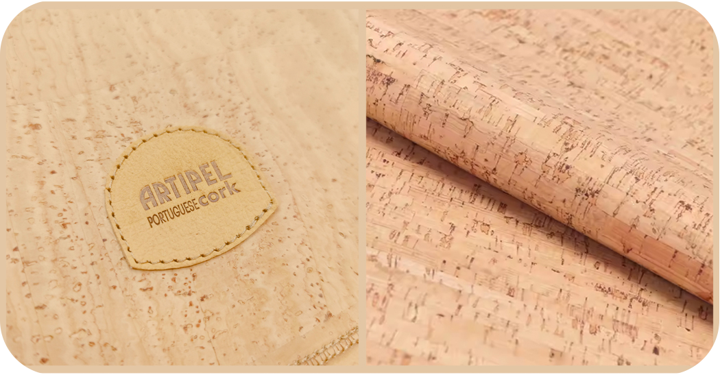 Échantillon signé Artipel et rouleau de tissu de liège portugais au grain naturel moucheté