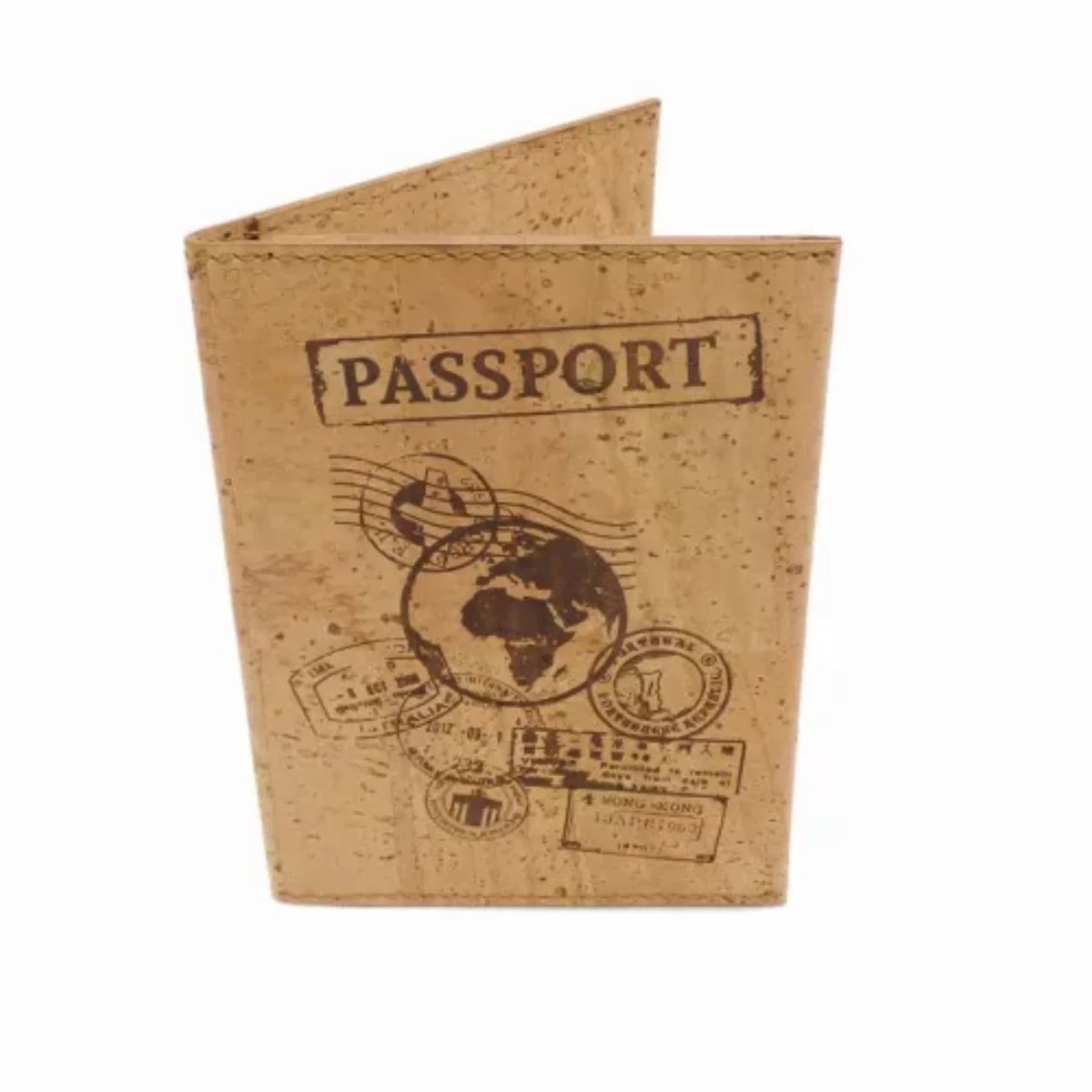 Pochette passeport en liège imprimé tampons voyage et planisphère — Artipel, Portugal