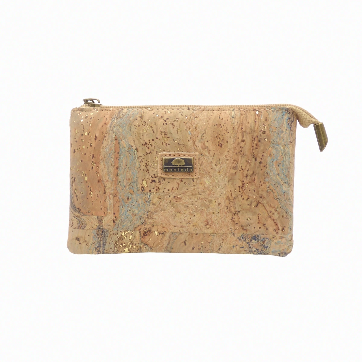 Pochette zippée en liège naturel mouchetée de paillettes dorées — Montado, plaque logo, Portugal