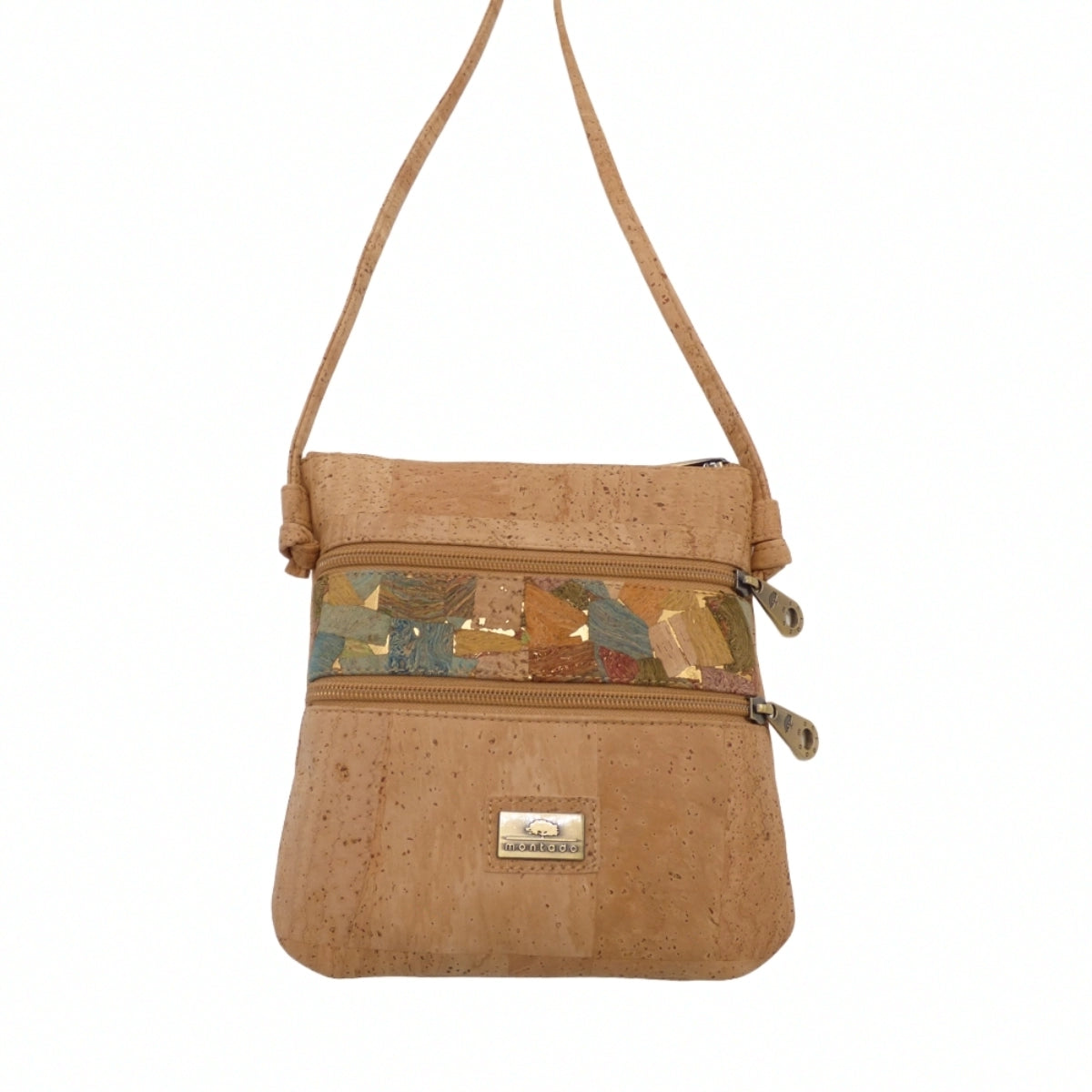 Sac bandoulière en liège naturel vue face — Montado, bande patchwork multicolore, Portugal