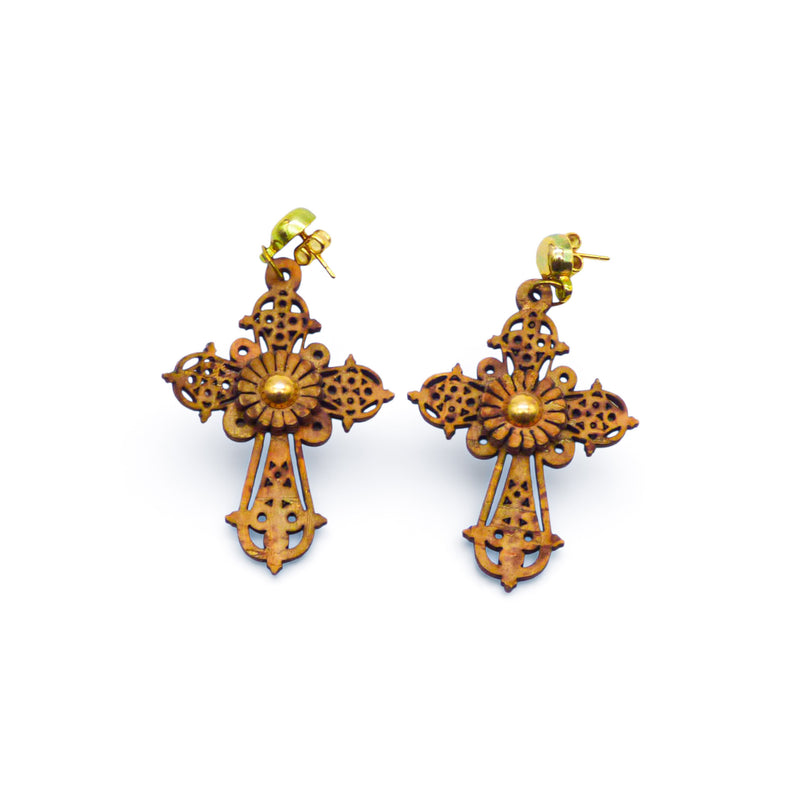 Boucles d'oreilles croix baroque en liège brun — Artipel, cabochon doré, Portugal