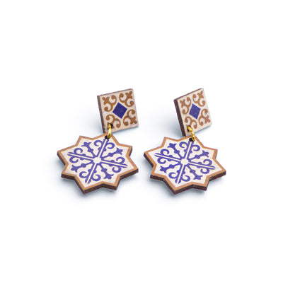 Boucles d'oreilles liège Lisbon Star — Artipel octogonal bleu blanc suspendues Portugal