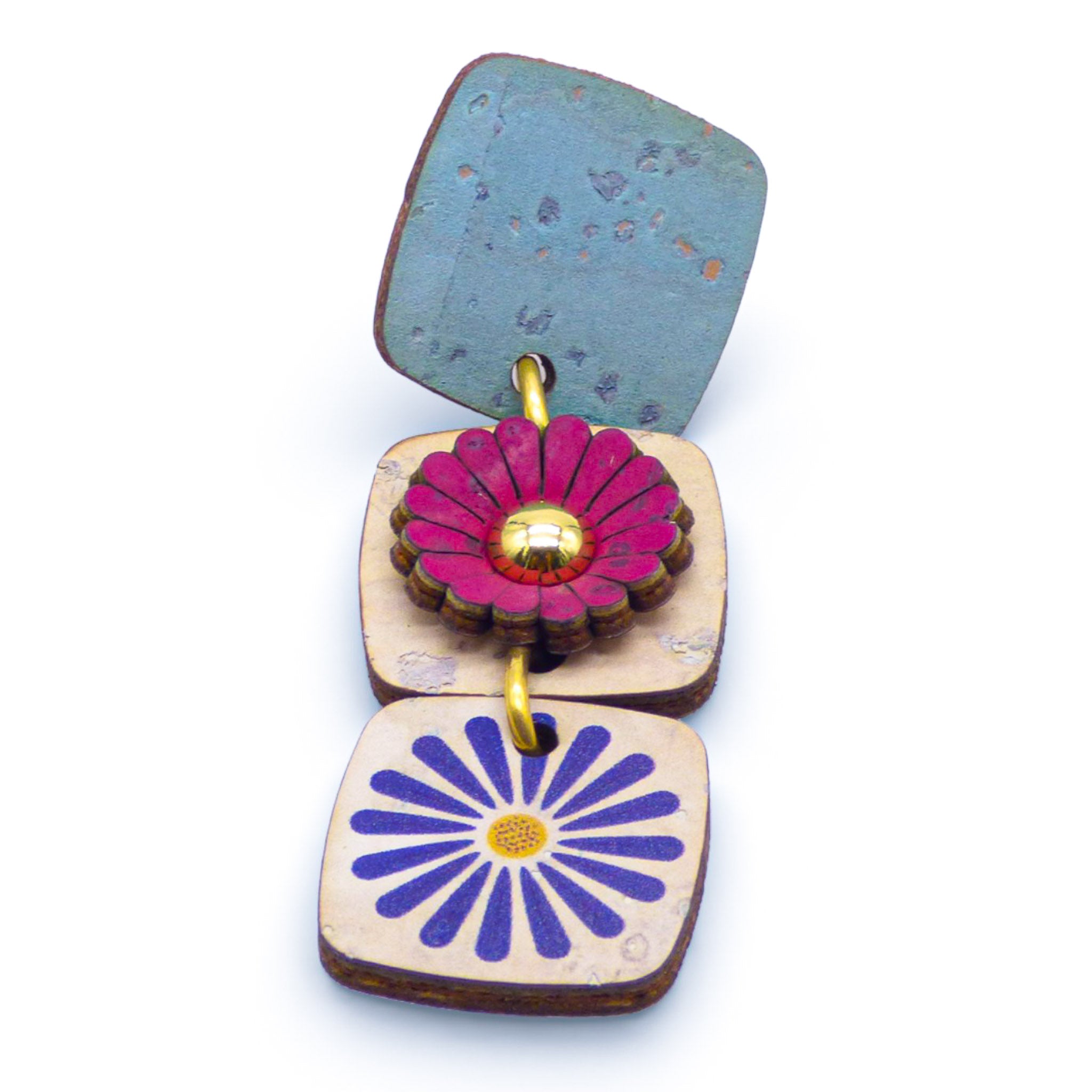 Boucles d'oreilles en liège "Long Spring Flower" d'Artipel, avec fleurs bleu et rose, design pendantes élégantes.