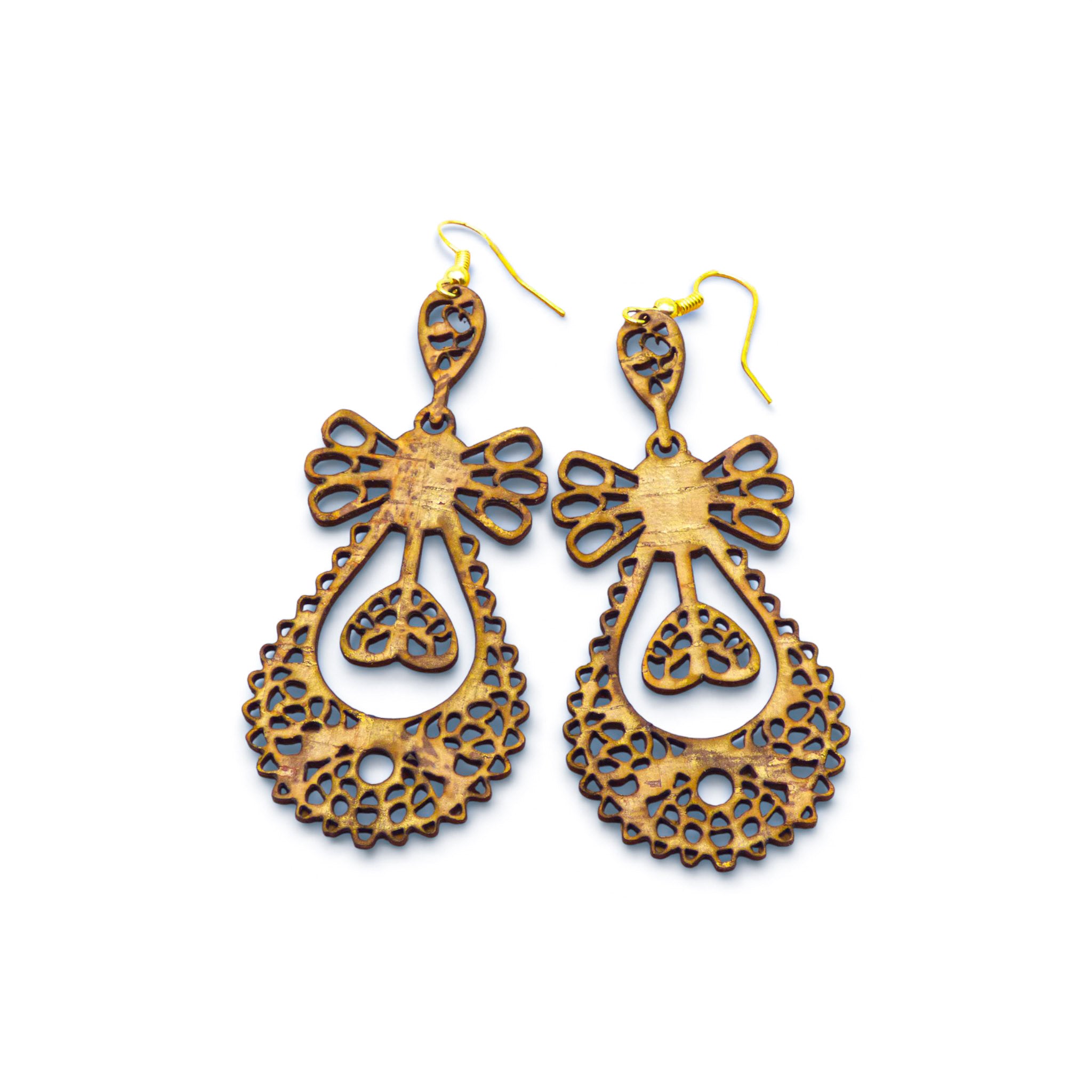 Boucles d'oreilles pendantes en liège motif volutes — Artipel, crochets dorés, Portugal