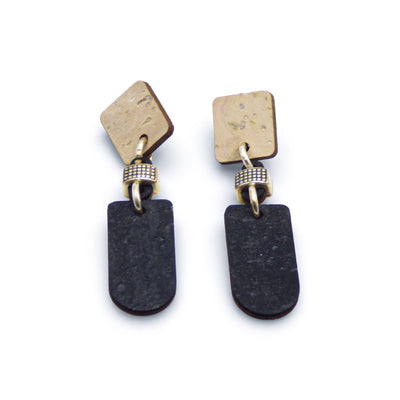 Boucles d'oreilles liège pendantes noir blanc strass — Artipel design élégant Portugal