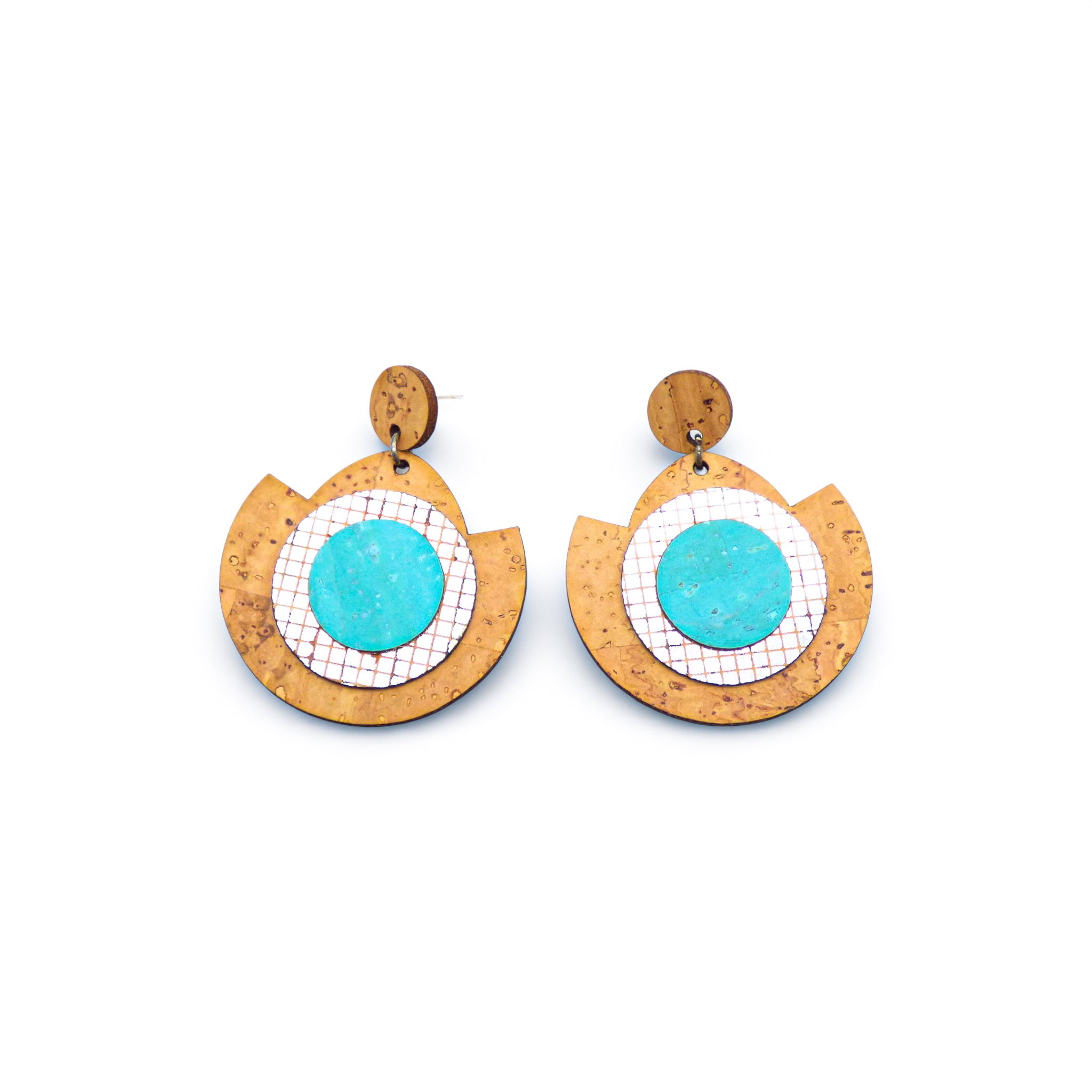 Boucles d'oreilles pendantes en liège à disque turquoise — Artipel, motif géométrique, Portugal