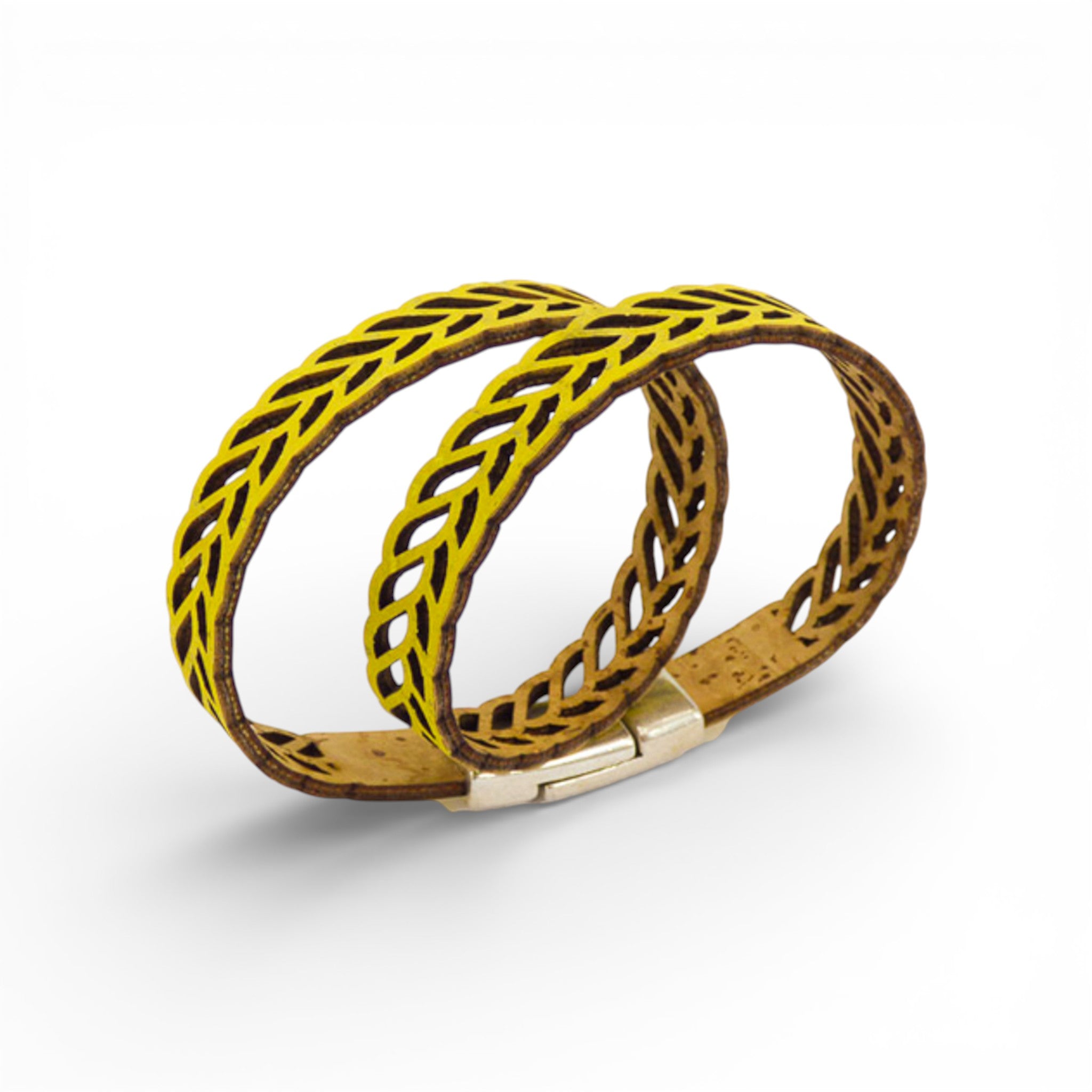 Bracelet Rayon de Soleil en liège jaune ajouré — Artipel, fermoir magnétique doré, Portugal