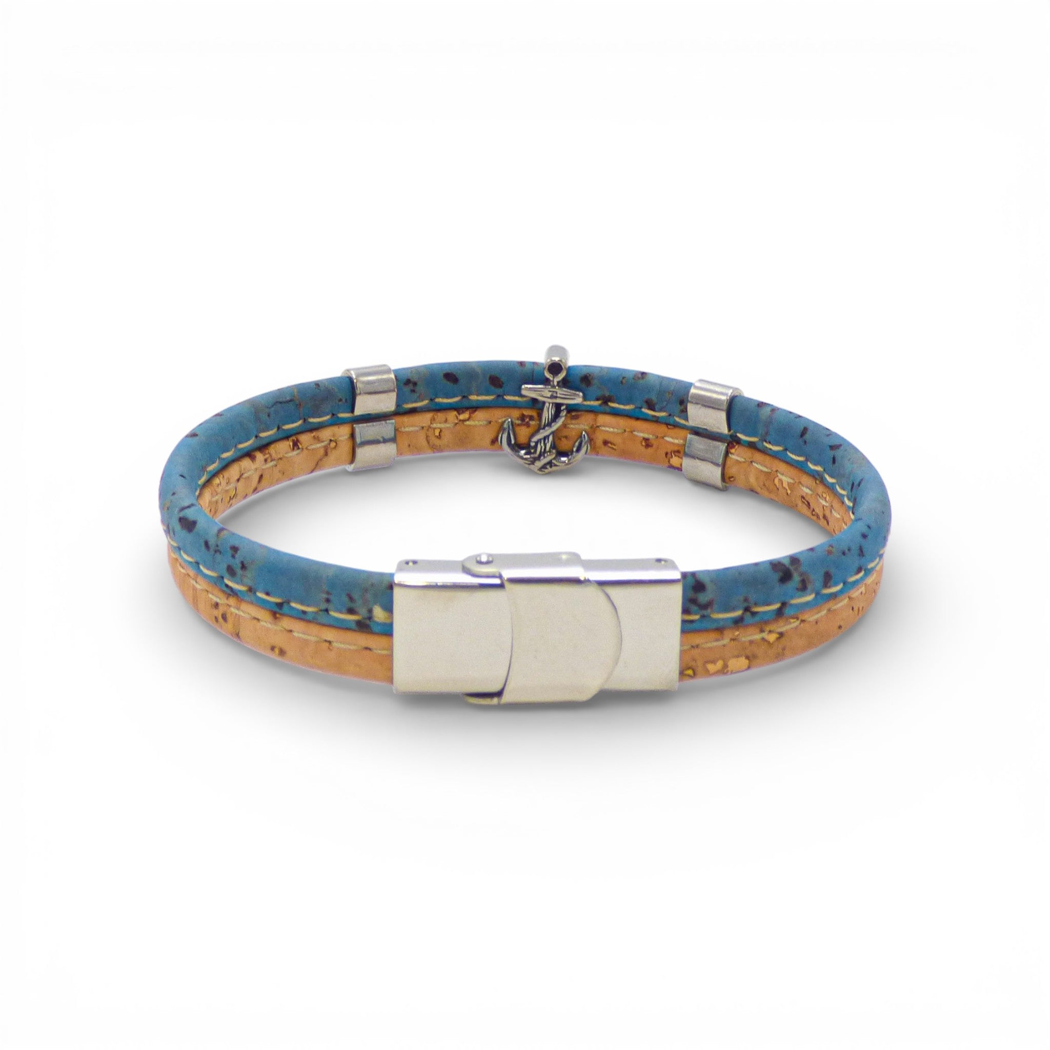 Turquoise double cord bracelet with anchor pendant from Cork Colors, showcasing a natural cork design.