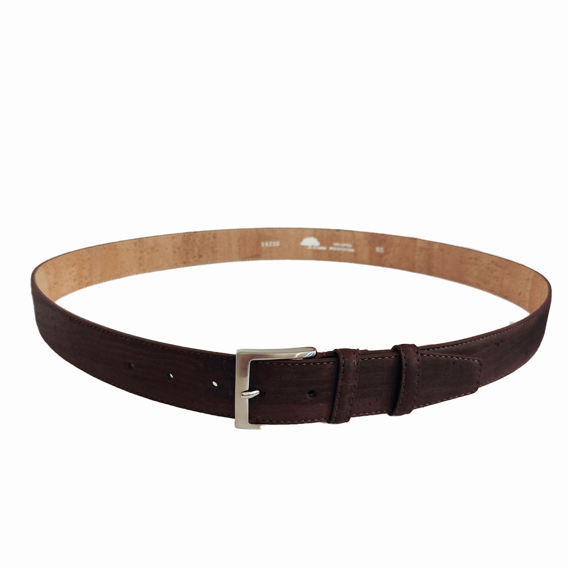 Ceinture marron en liège posée en ovale — TC Cortiça, boucle argentée, dessous clair, Portugal