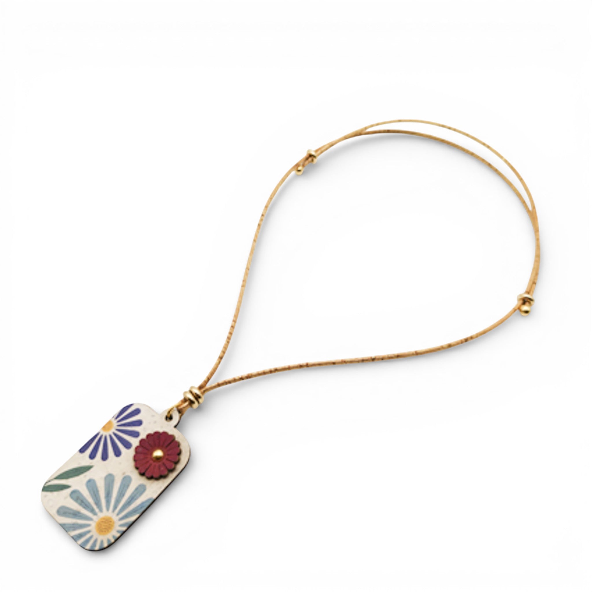 Collier rectangle en liège imprimé fleurs, face avant — Artipel, cordon réglable doré, Portugal