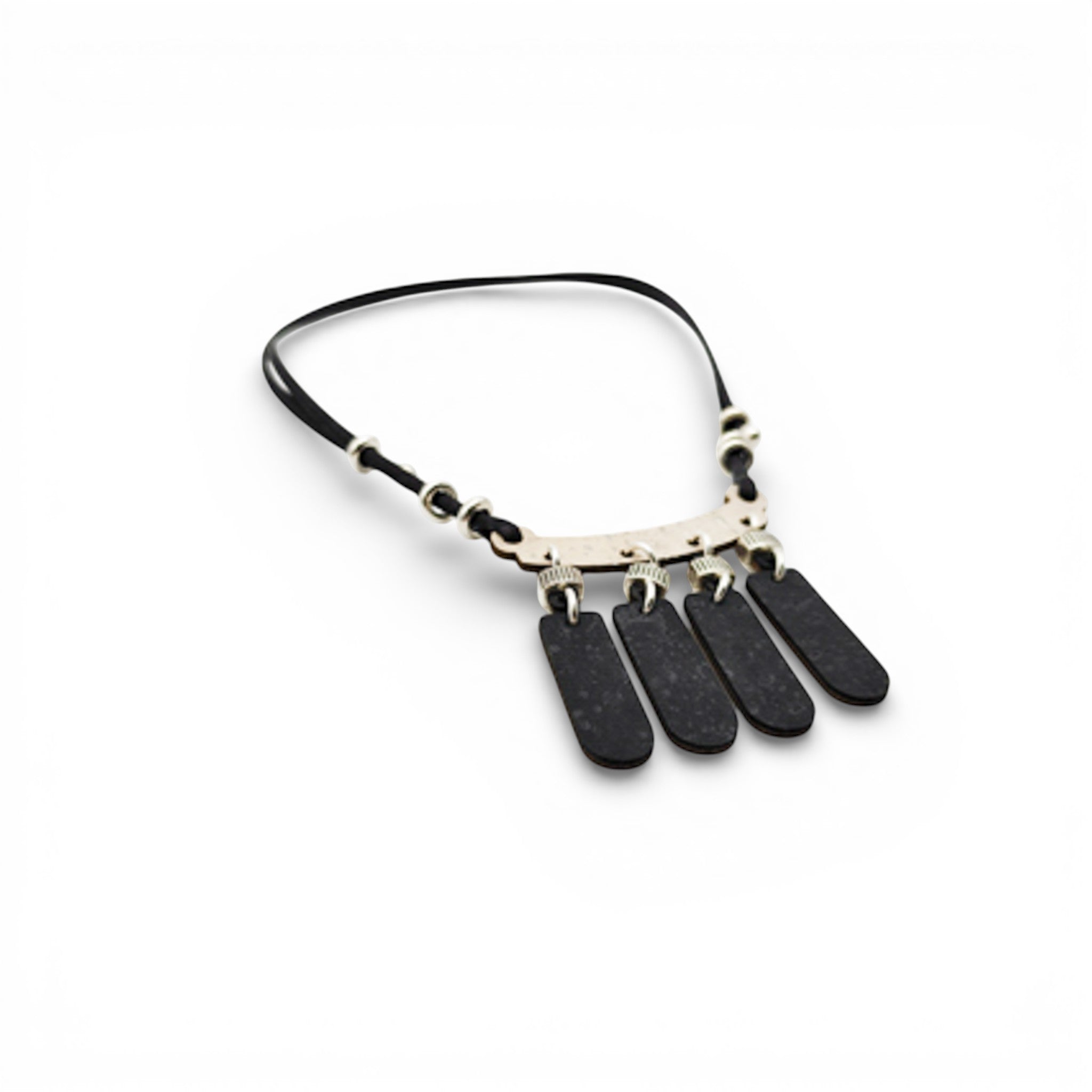 Collier Black & White, barre métal et pendentifs liège noir, fermoir cordon — Artipel, Portugal