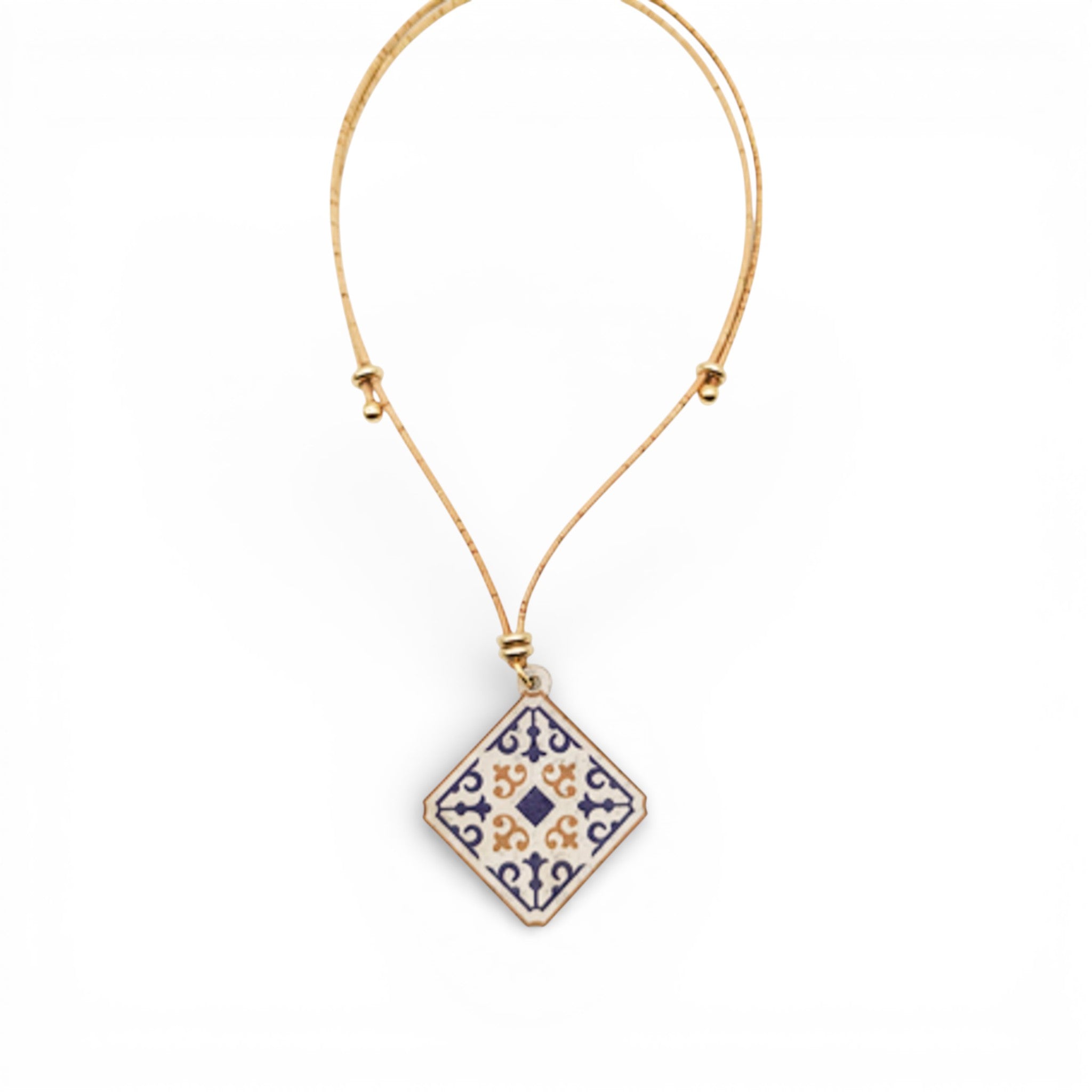 Collier azulejo carré bleu et orange — Artipel, pendentif sur cordon liège réglable, Portugal