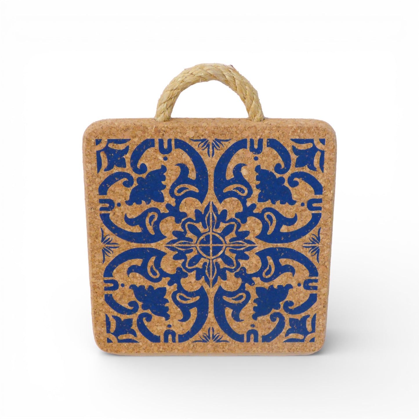 Viking "Azulejo" cork trivet featuring intricate blue tile design for protecting surfaces from hot dishes.