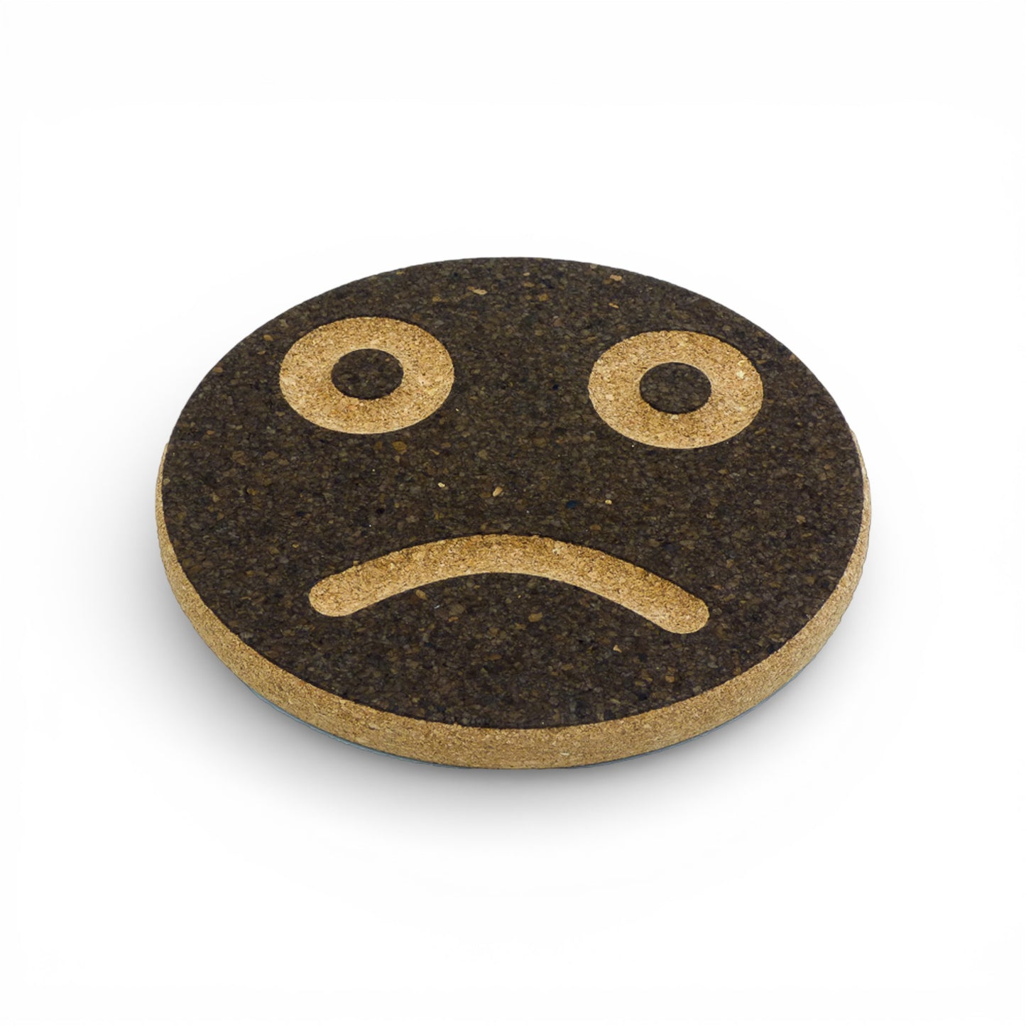 Black "Dark Smiley" trivet by Viking, featuring a playful smiley design on a stylish cork surface.