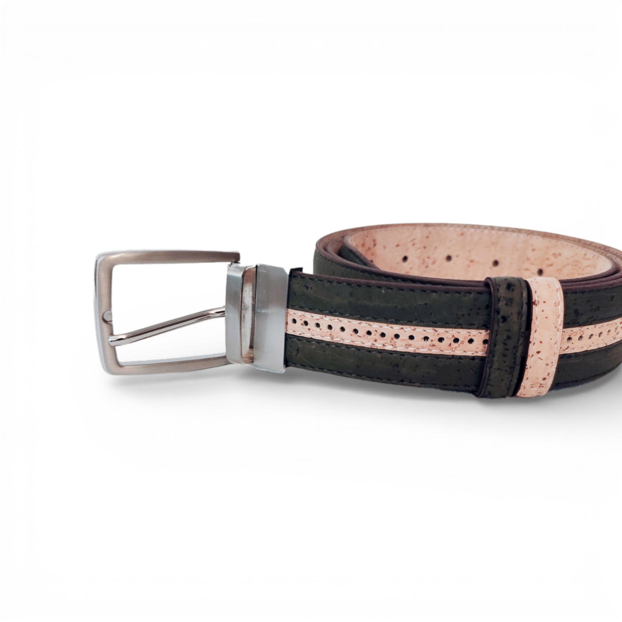 Ceinture réversible en liège vert à liseré beige — TC Cortiça, envers naturel, bords pointillés