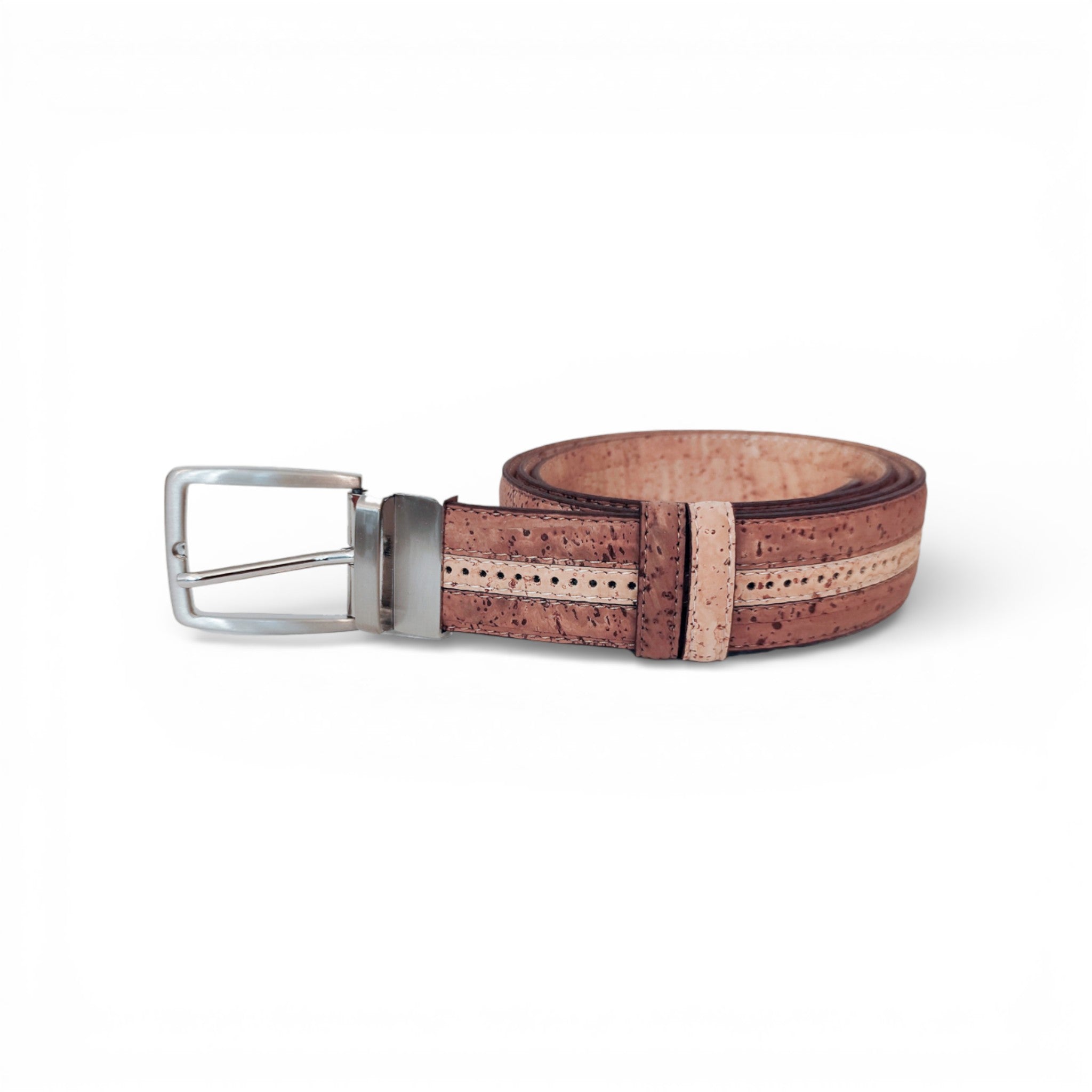 Ceinture en liège terracotta, liseré beige pointillé — TC Cortiça, boucle métal, Portugal