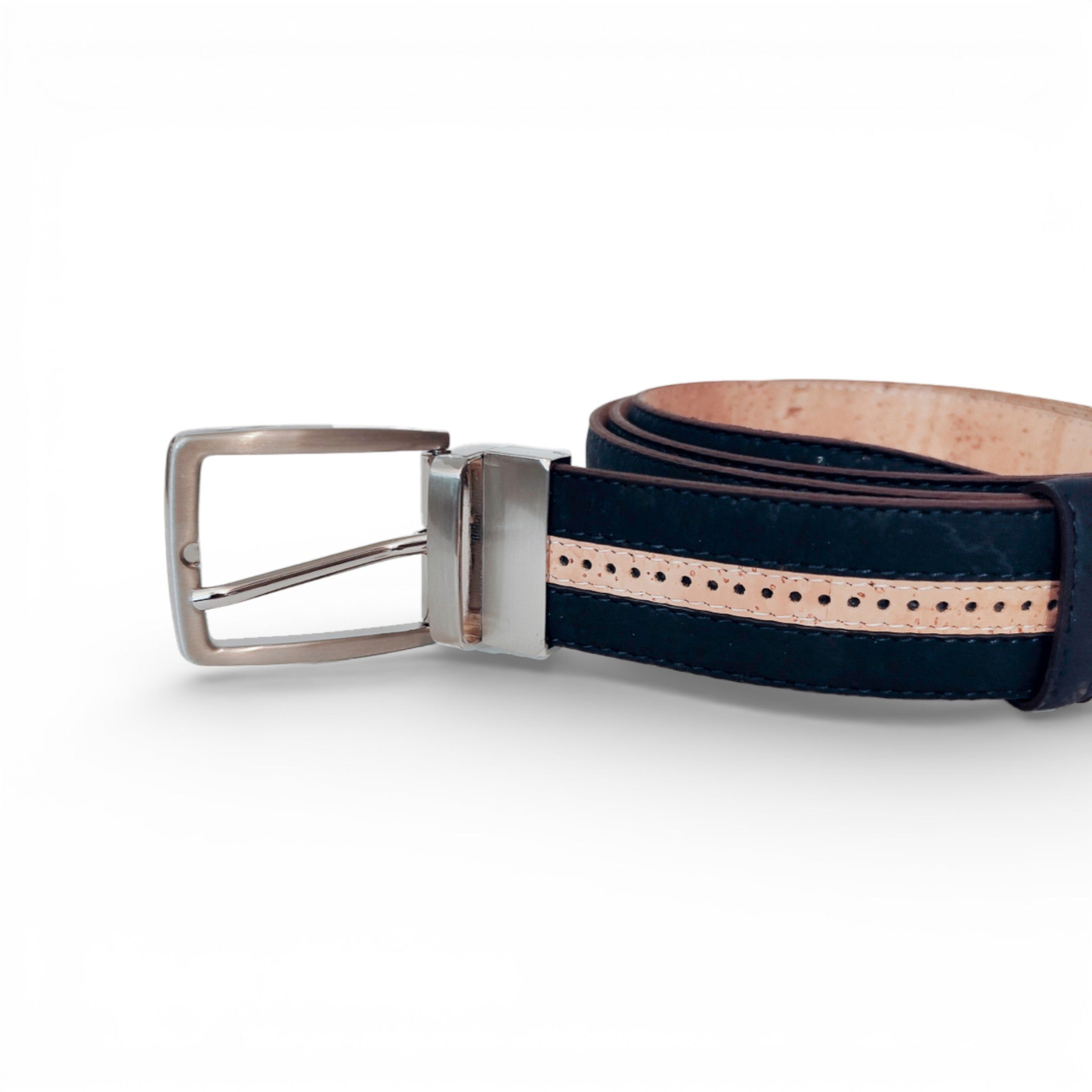 Ceinture en liège bleu marine, liseré beige pointillé — TC Cortiça, boucle métal, Portugal