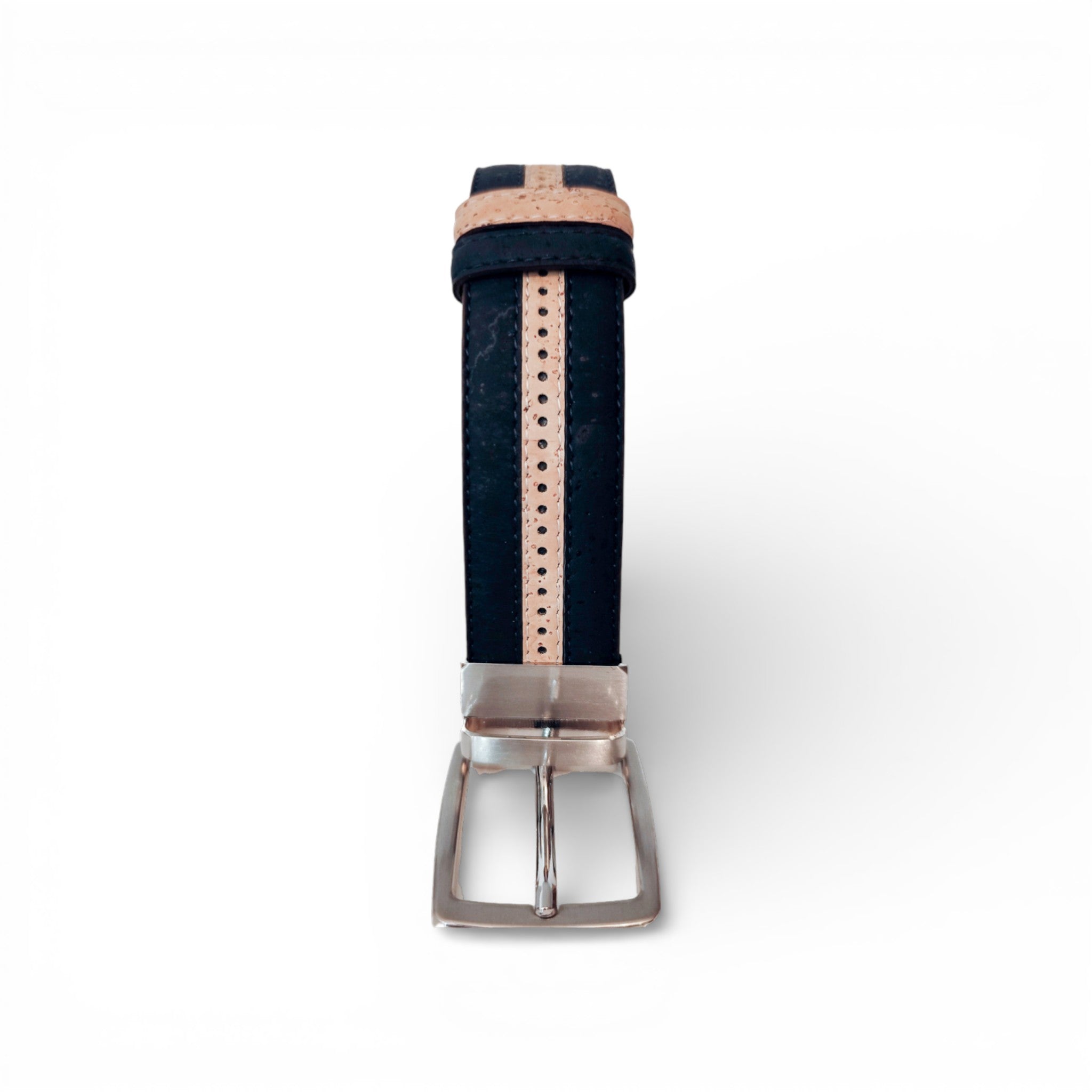 Sangle de ceinture en liège bleu marine, liseré beige pointillé — TC Cortiça, boucle métal, Portugal