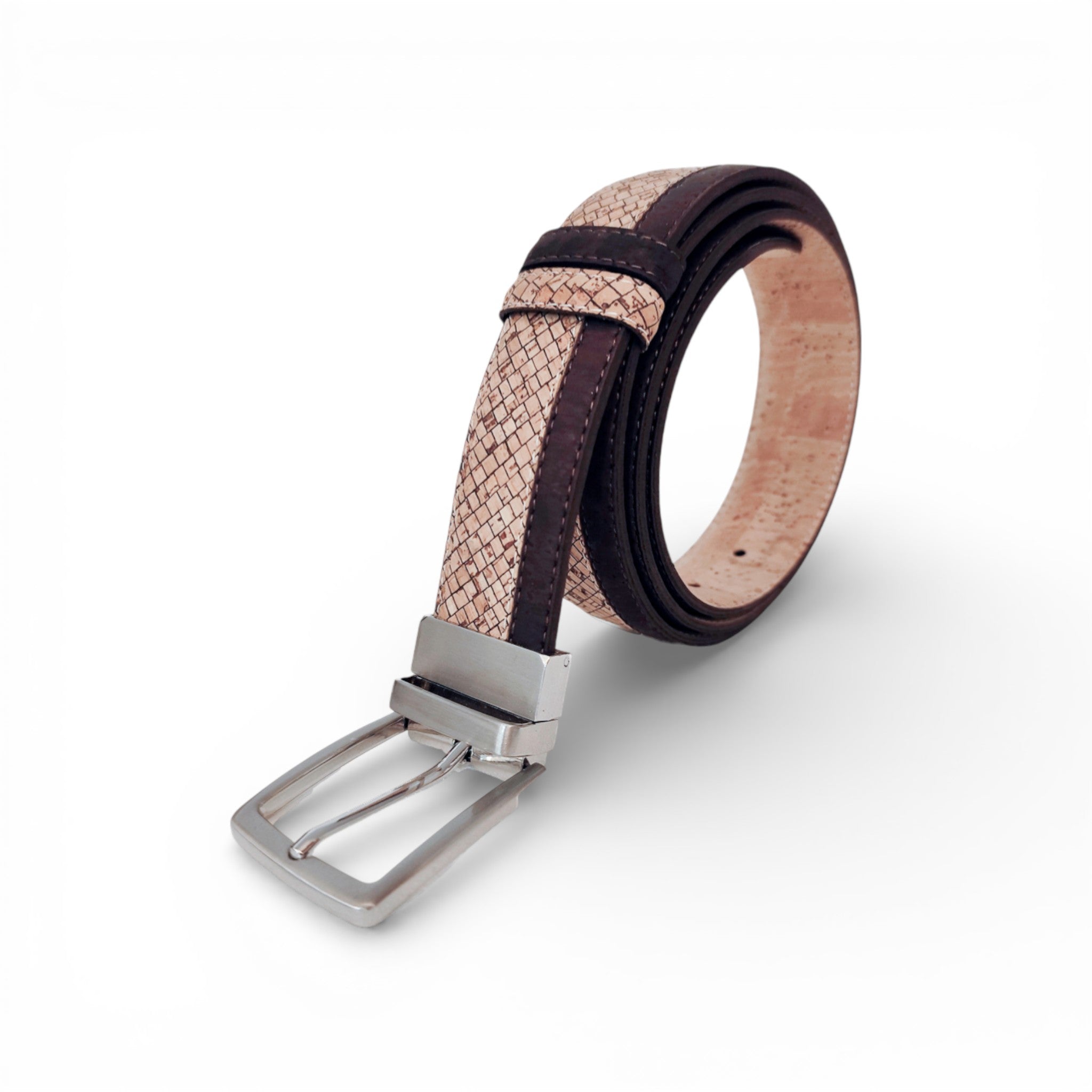 Ceinture en liège beige motif quadrillé, bords brun — TC Cortiça, boucle métal, Portugal