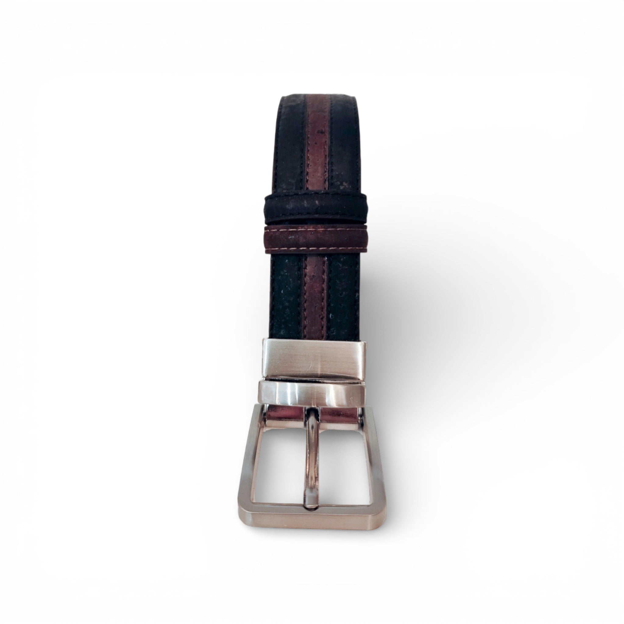 Sangle de ceinture en liège noir, liseré bordeaux — TC Cortiça, boucle métal, Portugal