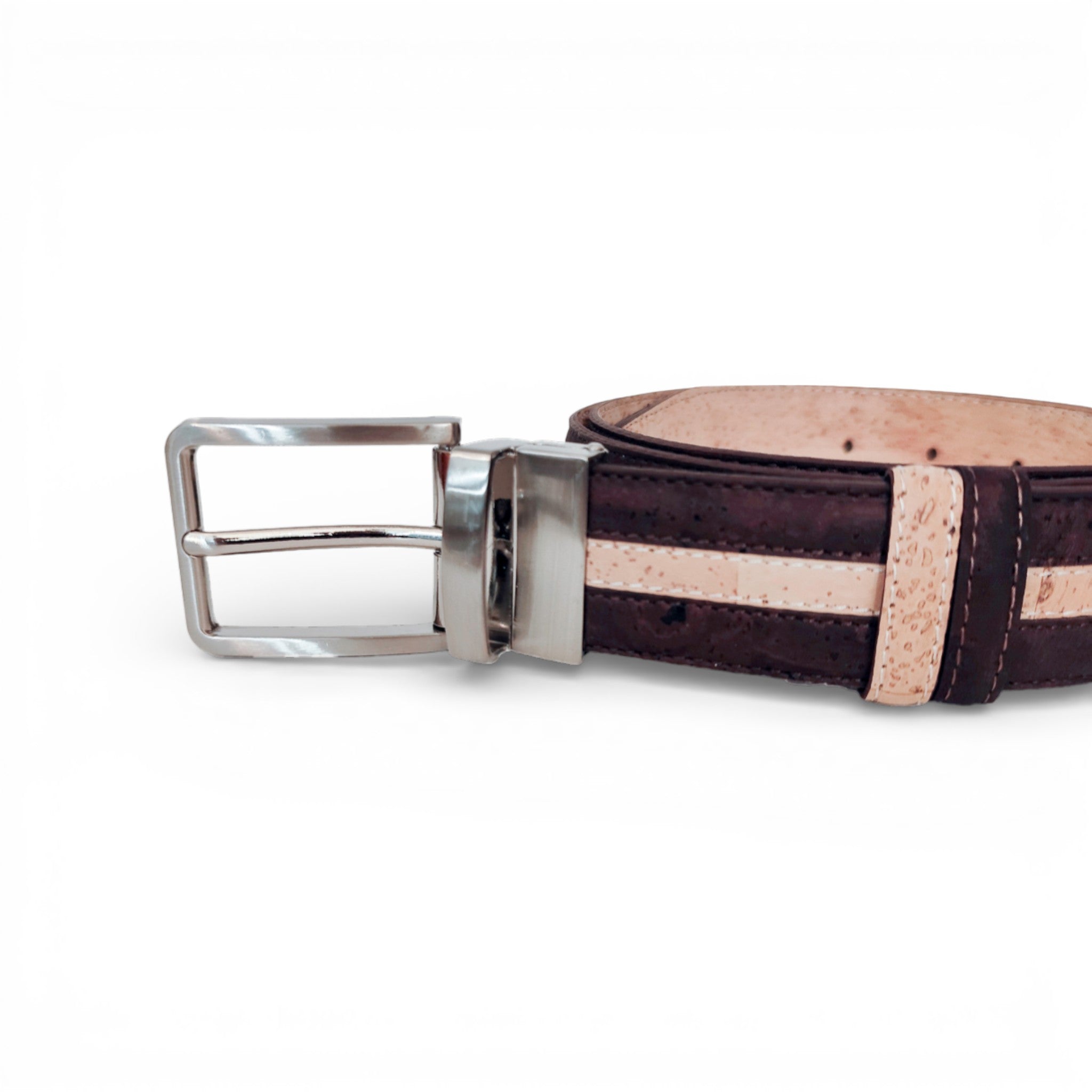 Ceinture en liège brun, liseré beige naturel — TC Cortiça, boucle gunmetal, Portugal