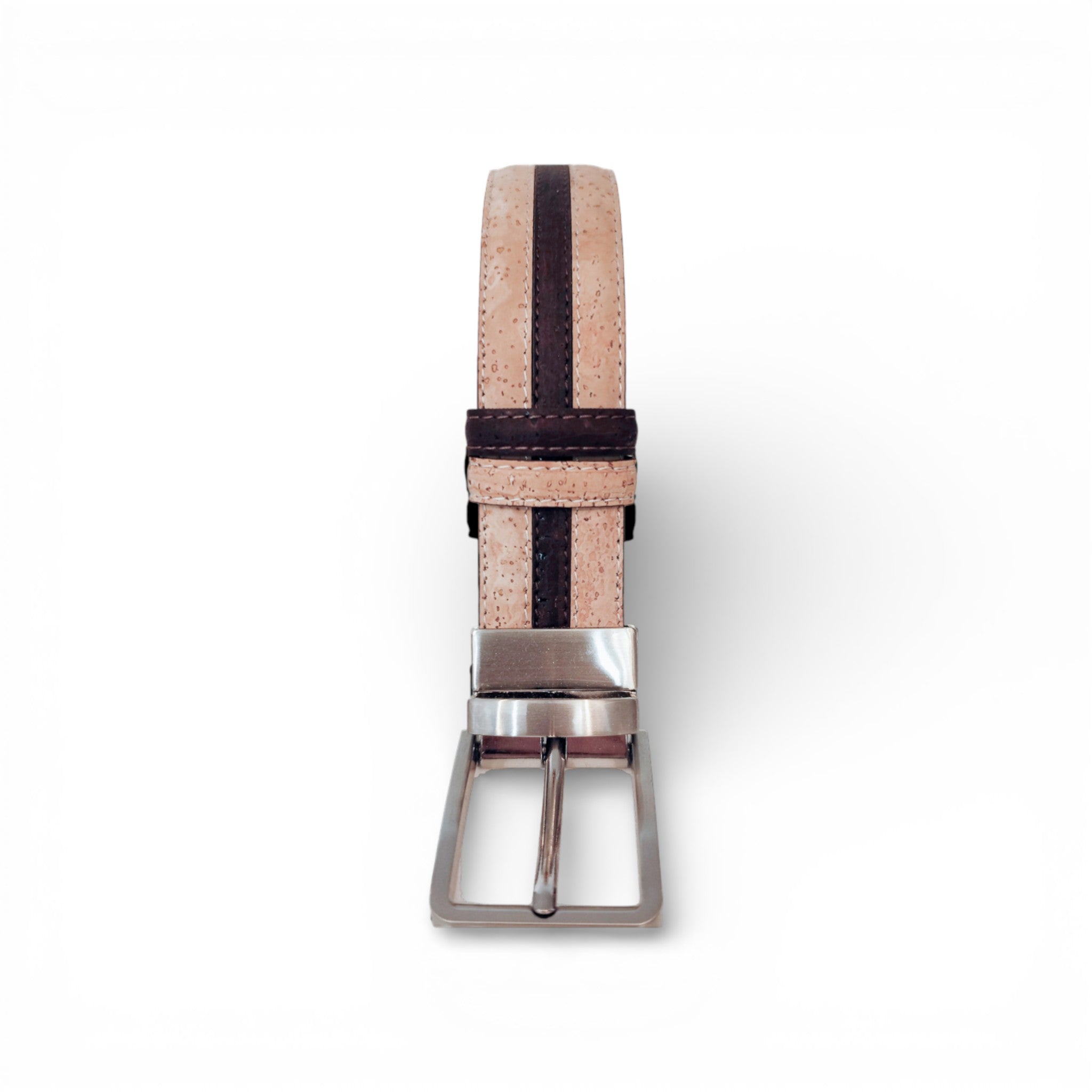 Face liserée beige d'une ceinture réversible en liège à bande brune — TC Cortiça, Portugal