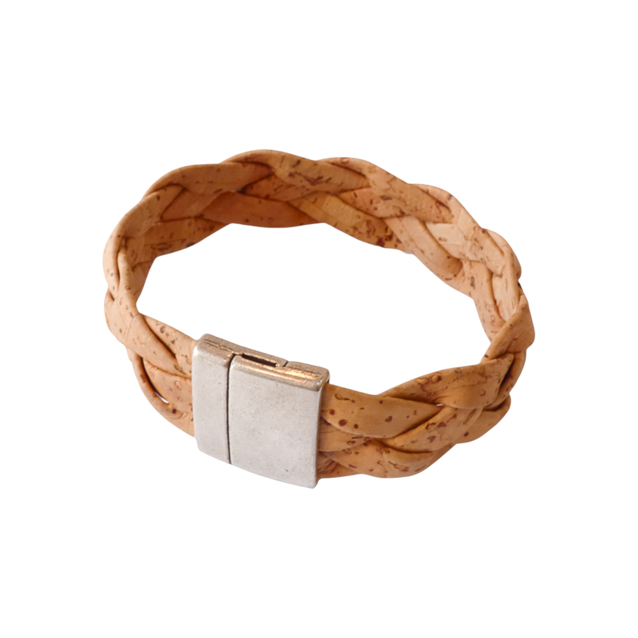 Bracelet tressé large en liège naturel — Artipel, fermoir aimanté métal blanchi, Portugal