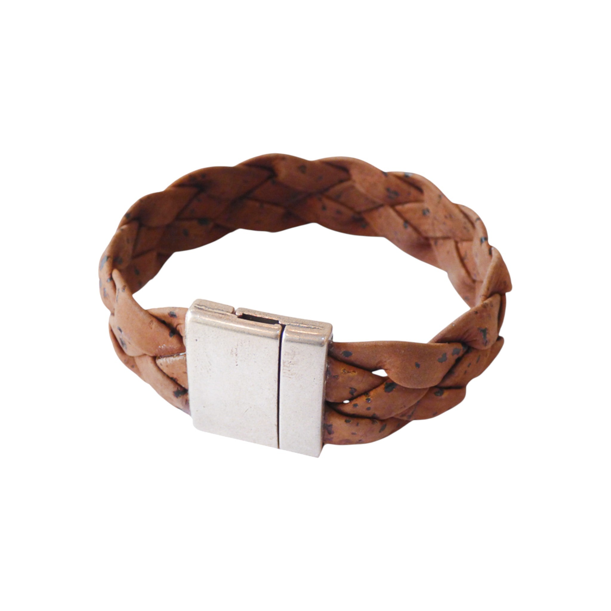 Bracelet tressé en liège brun moucheté — Artipel, fermoir aimanté métal blanchi, Portugal