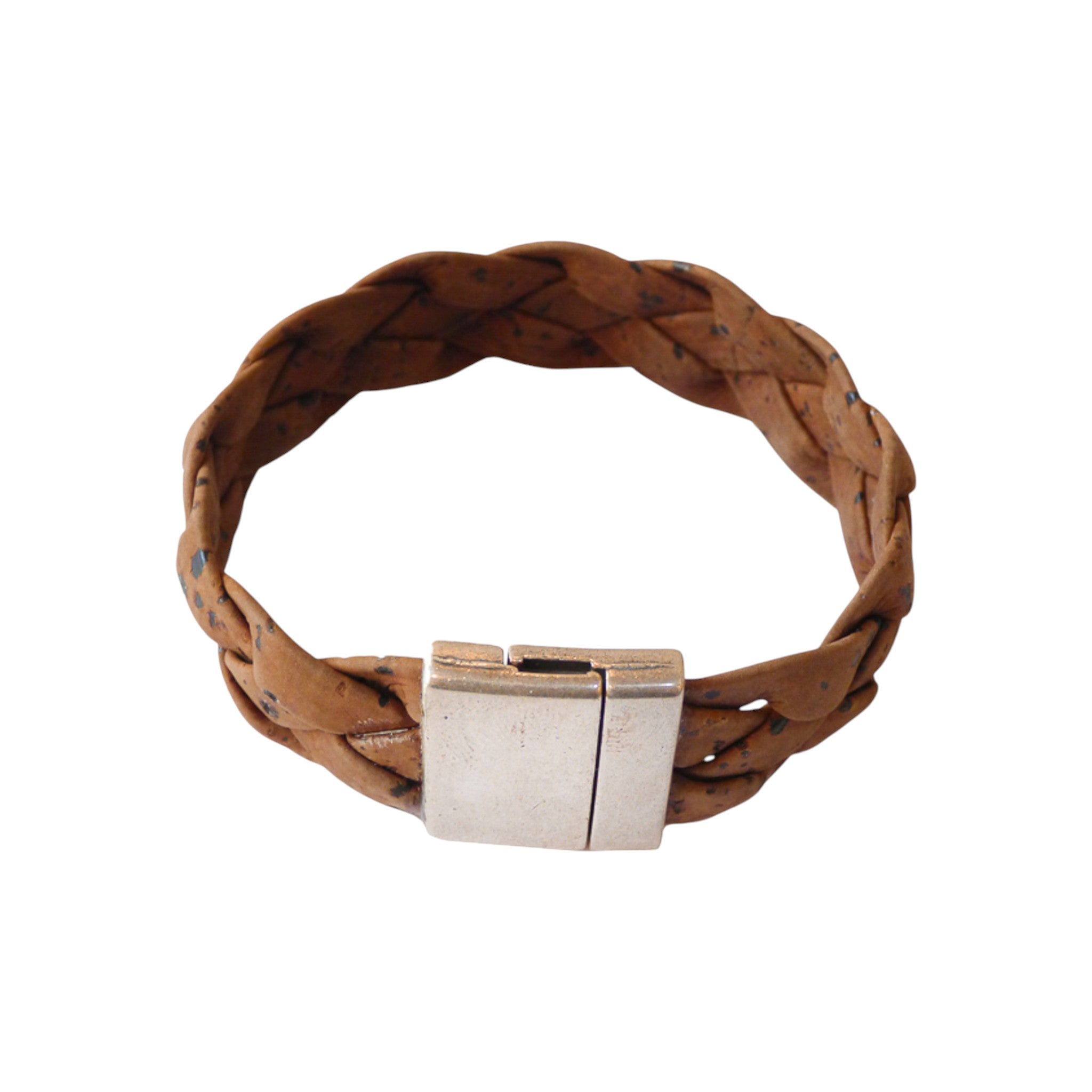 Bracelet tressé en liège brun moucheté — Artipel, fermoir aimanté métal blanchi, Portugal