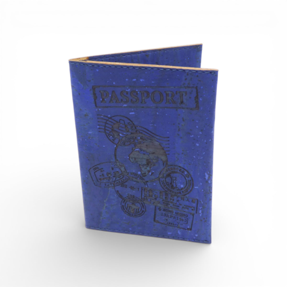 Pochette passeport en liège bleu imprimé tampons voyage — Artipel, planisphère, Portugal