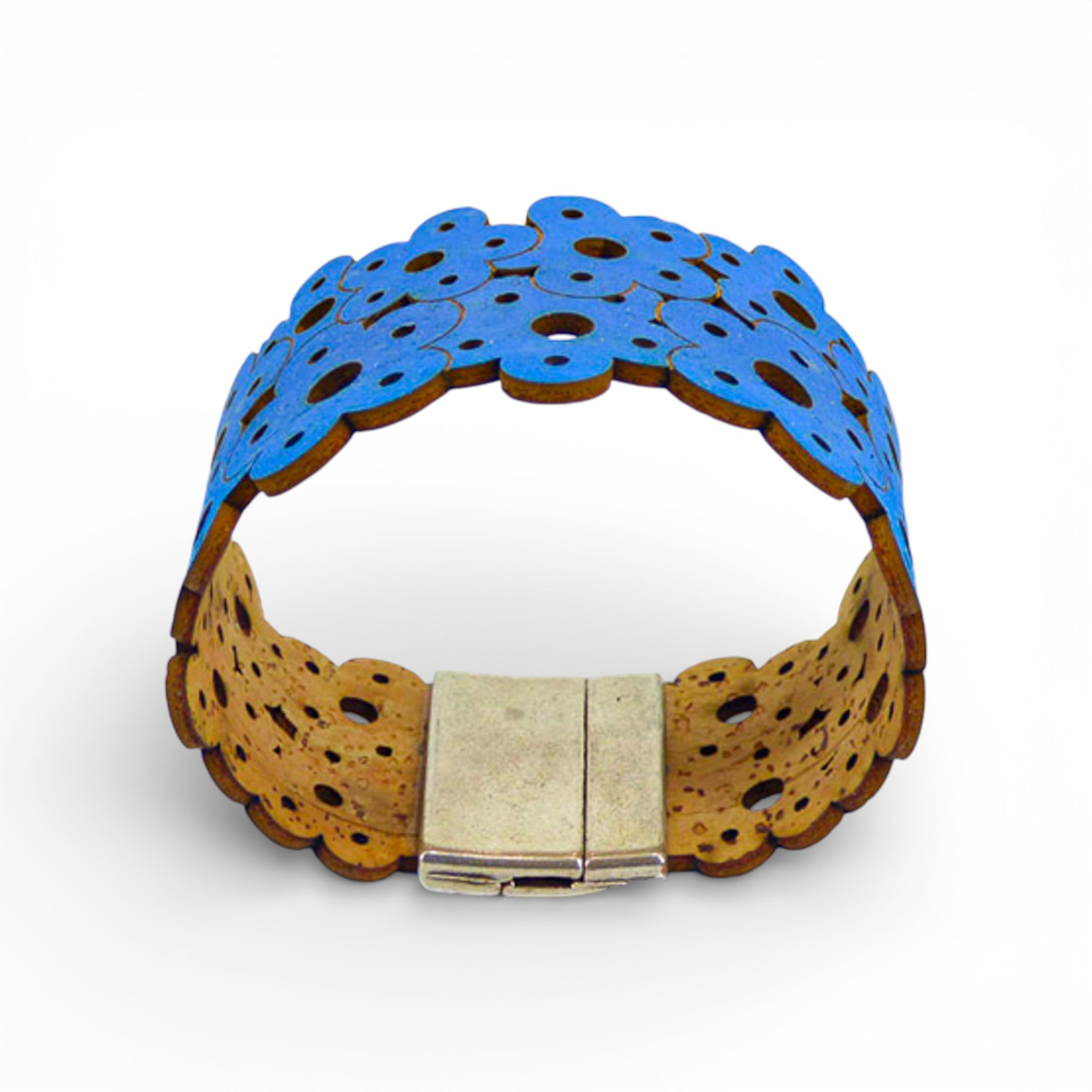 Bracelet vegan et éco-responsable en liège naturel du Portugal : Bracelet Manchette Fleur Bleu - Artipel - Home & Liège