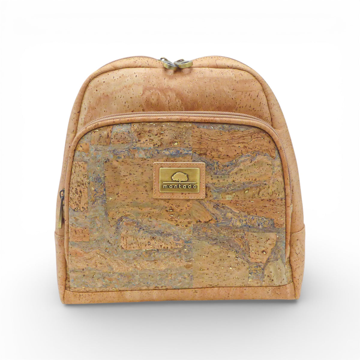 Sac à dos en liège naturel, poche avant marbrée beige et bleu-gris — Montado, vue de face, Portugal