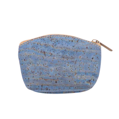 Dos d'un porte-monnaie zippé en liège teinté bleu moucheté — Montado, Portugal