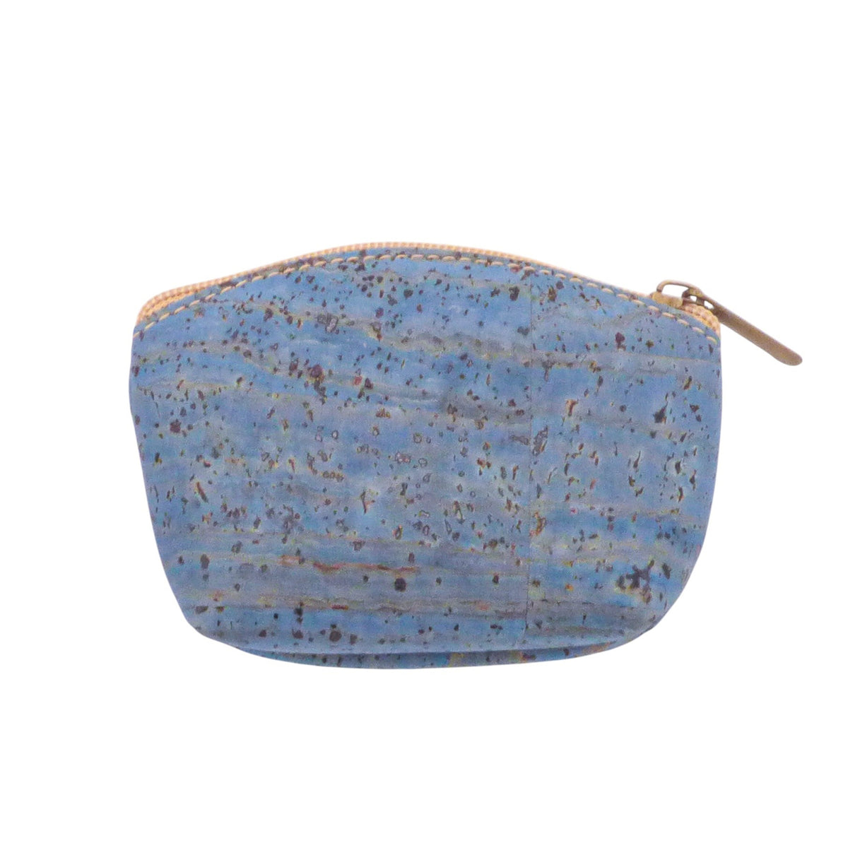 Dos d'un porte-monnaie zippé en liège teinté bleu moucheté — Montado, Portugal
