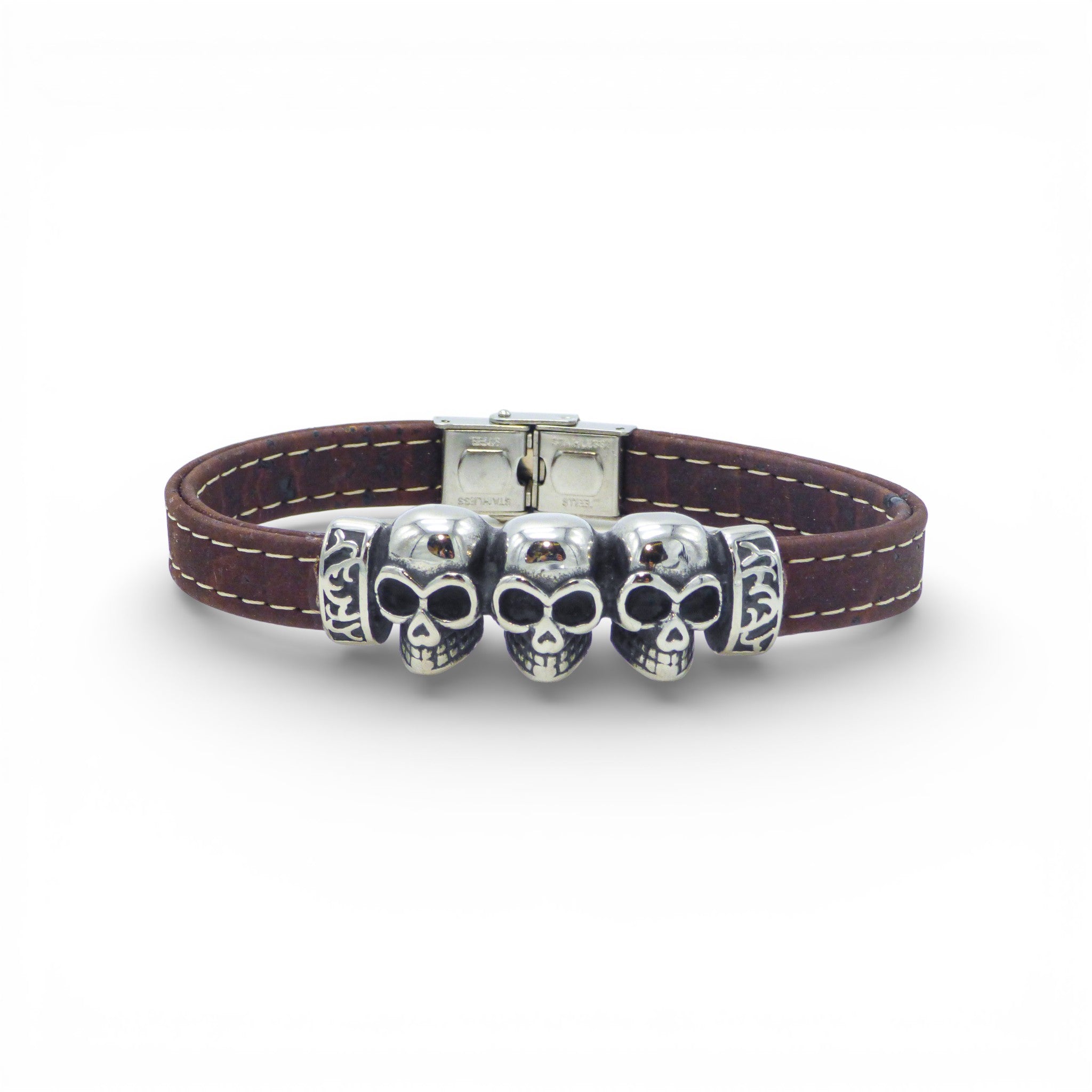Dos d'un bracelet en liège bleu marine — Cork Colors, montures des têtes de mort, fermoir acier