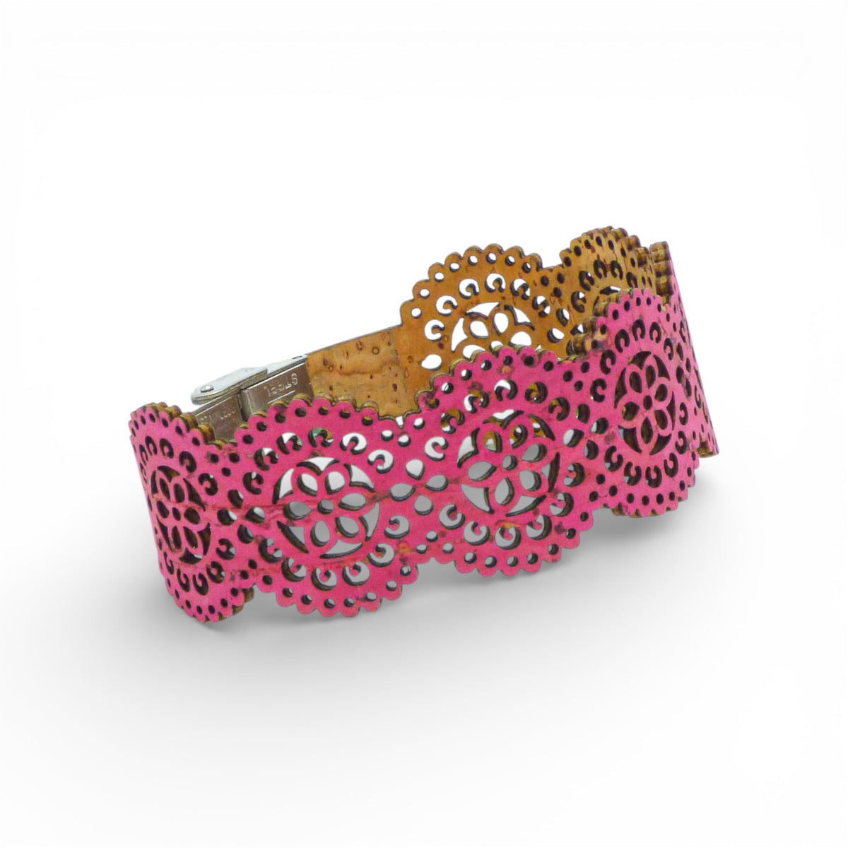 Manchette Rosace en liège rose et tan — Cork Colors, dentelle florale ajourée, artisanat Portugal