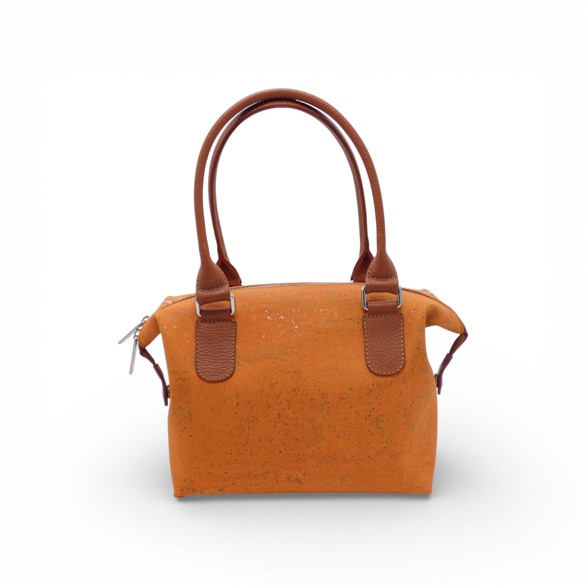 Dos uni d'un sac modulable en liège orange terracotta — Artipel, anses cuir caramel, Portugal