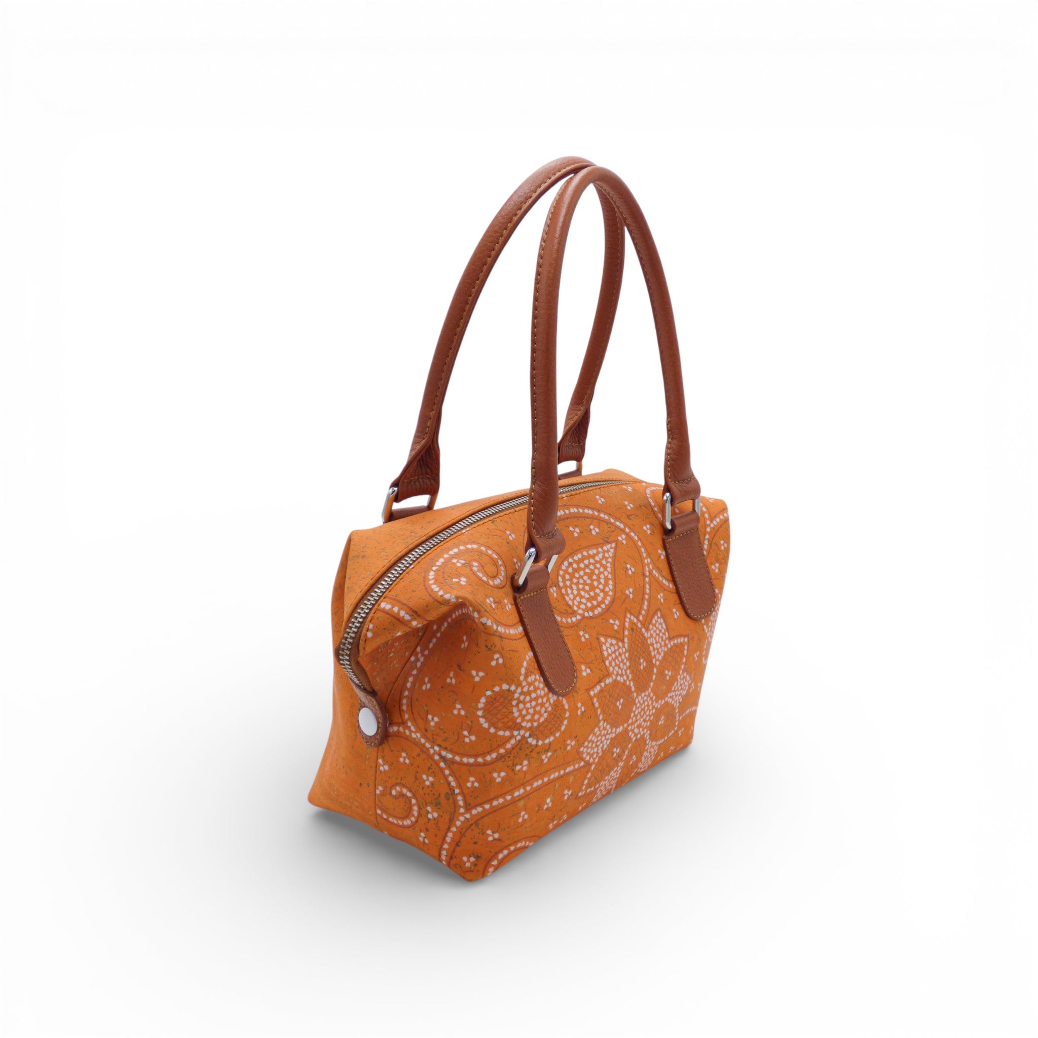 Trois-quarts du sac modulable en liège orange à mandala paisley blanc — Artipel, cuir caramel, Portugal