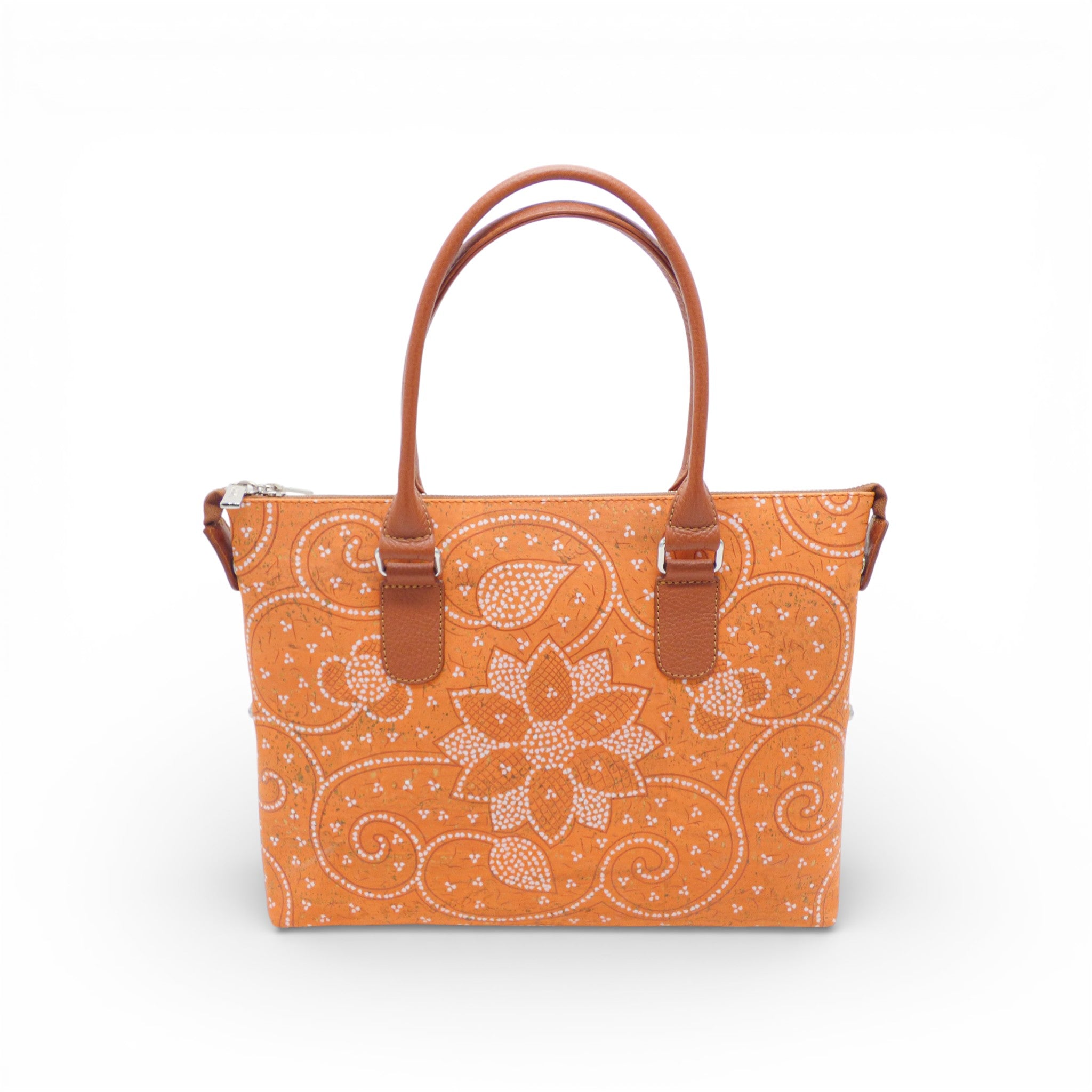 Petit sac modulable en liège imprimé ocre fleuri, forme cabas — Artipel, fait main