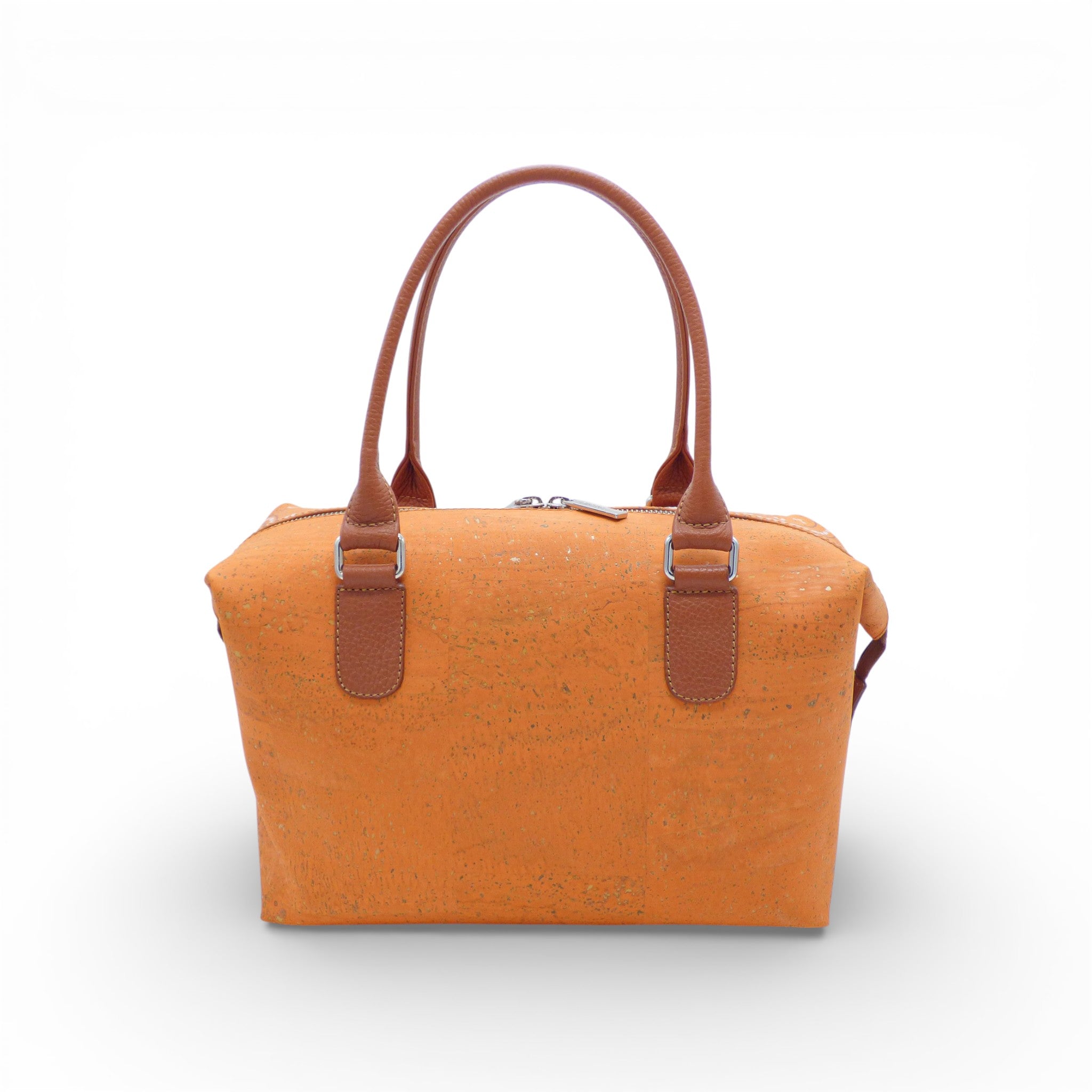 Sac bowling en liège orange uni de face — Artipel, anses et zip cuir caramel, Portugal