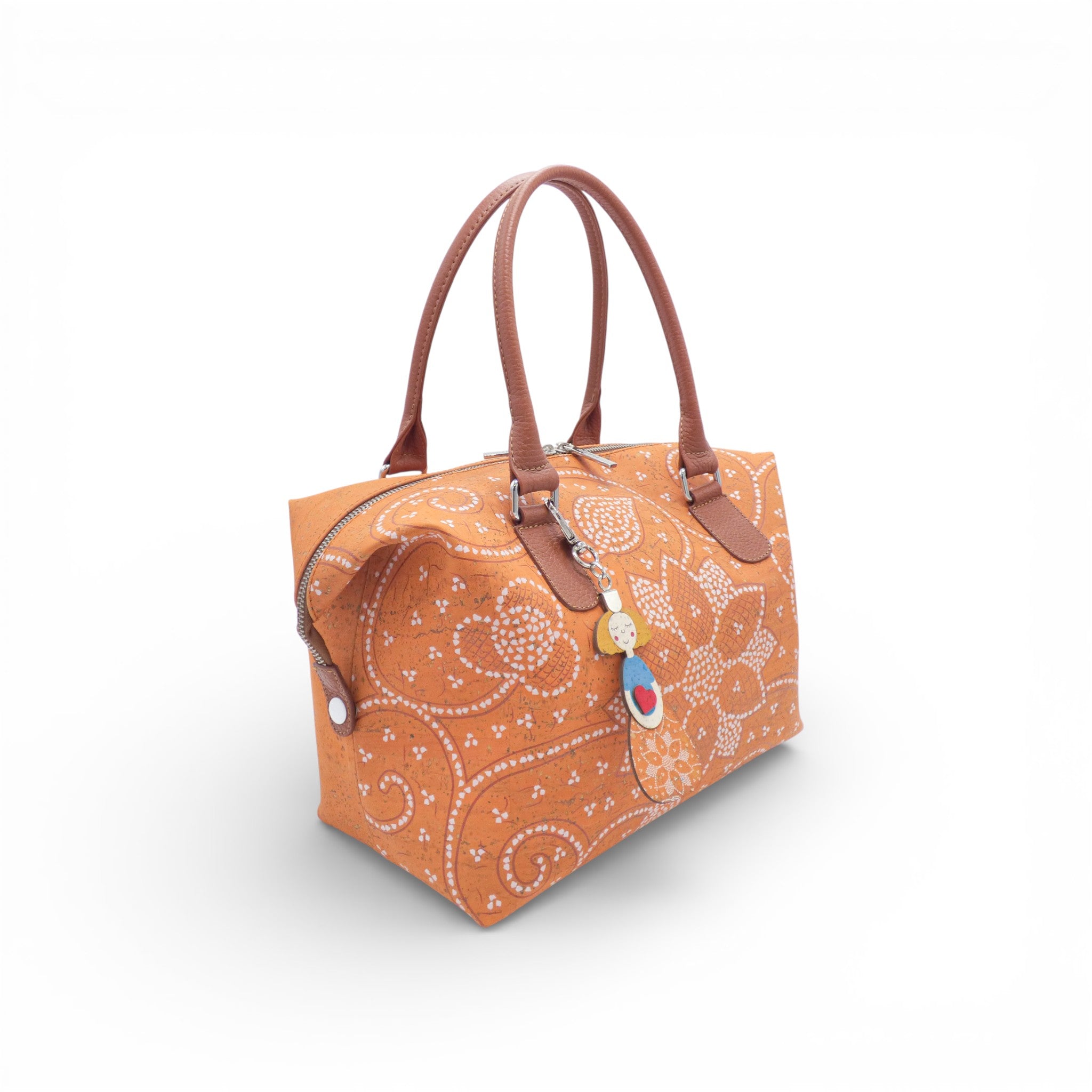 Trois-quarts d'un sac en liège orange à motif paisley blanc — Artipel, Portugal