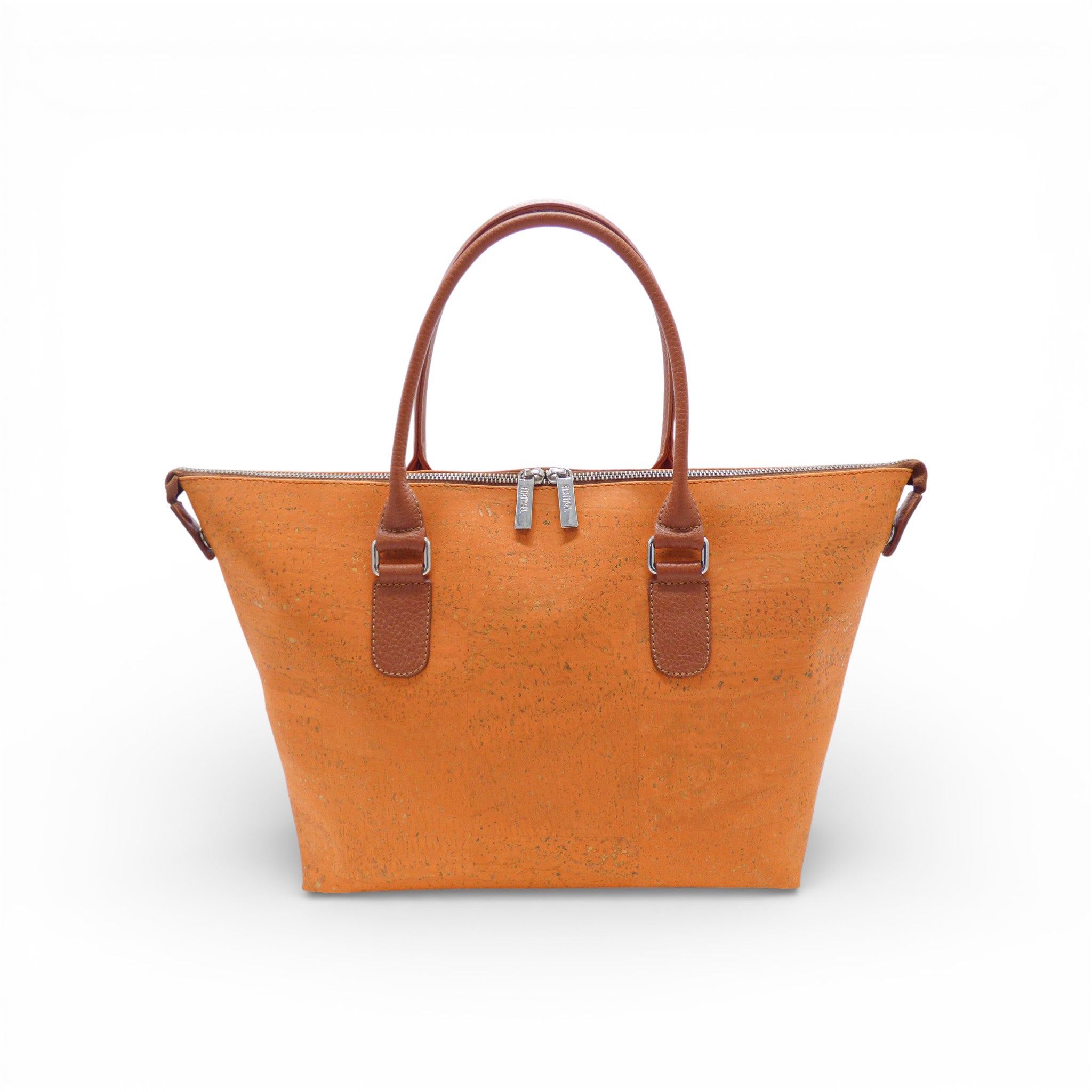 Cabas en liège orange uni de face — Artipel, anses cuir caramel, zip central, Portugal