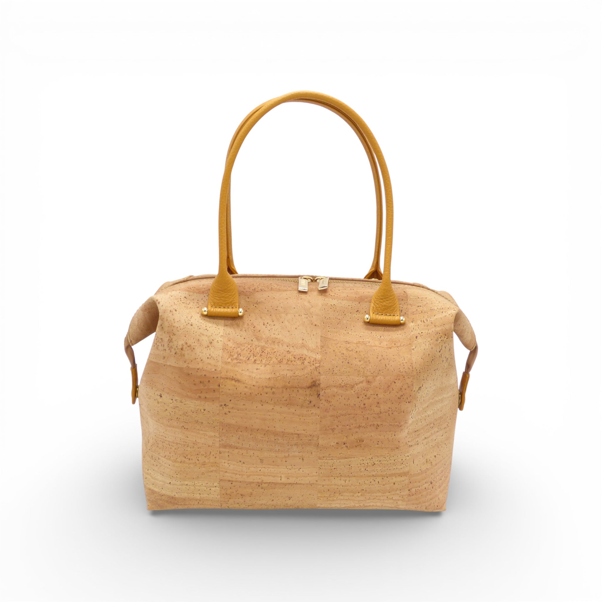 Sac modulable forme boston en liège naturel vu de face, zip doré — Artipel, anses camel, Portugal