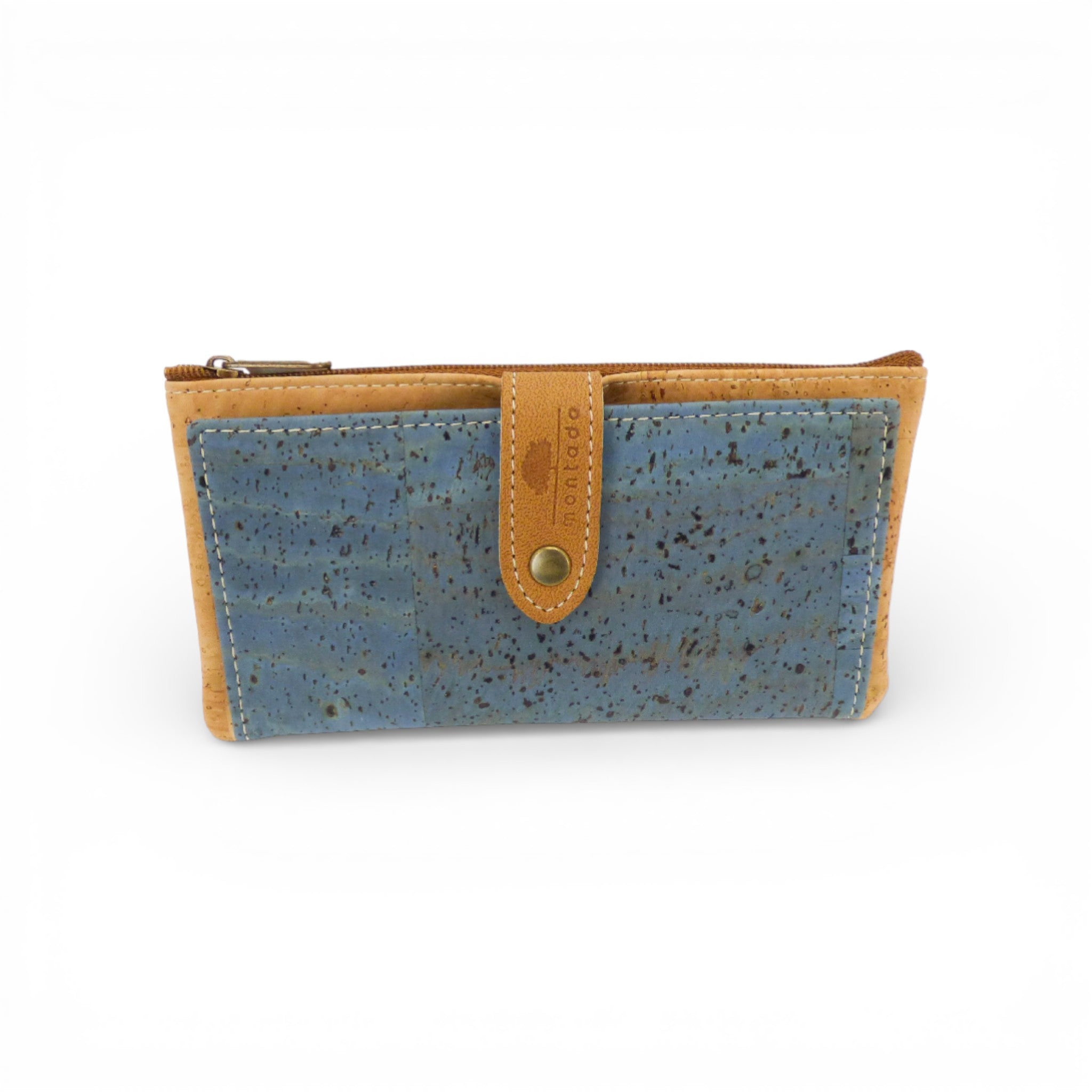 Montado portefeuille en liège "Pratique & Sécurisé" avec RFID, ouvert pour montrer l'intérieur et les compartiments.