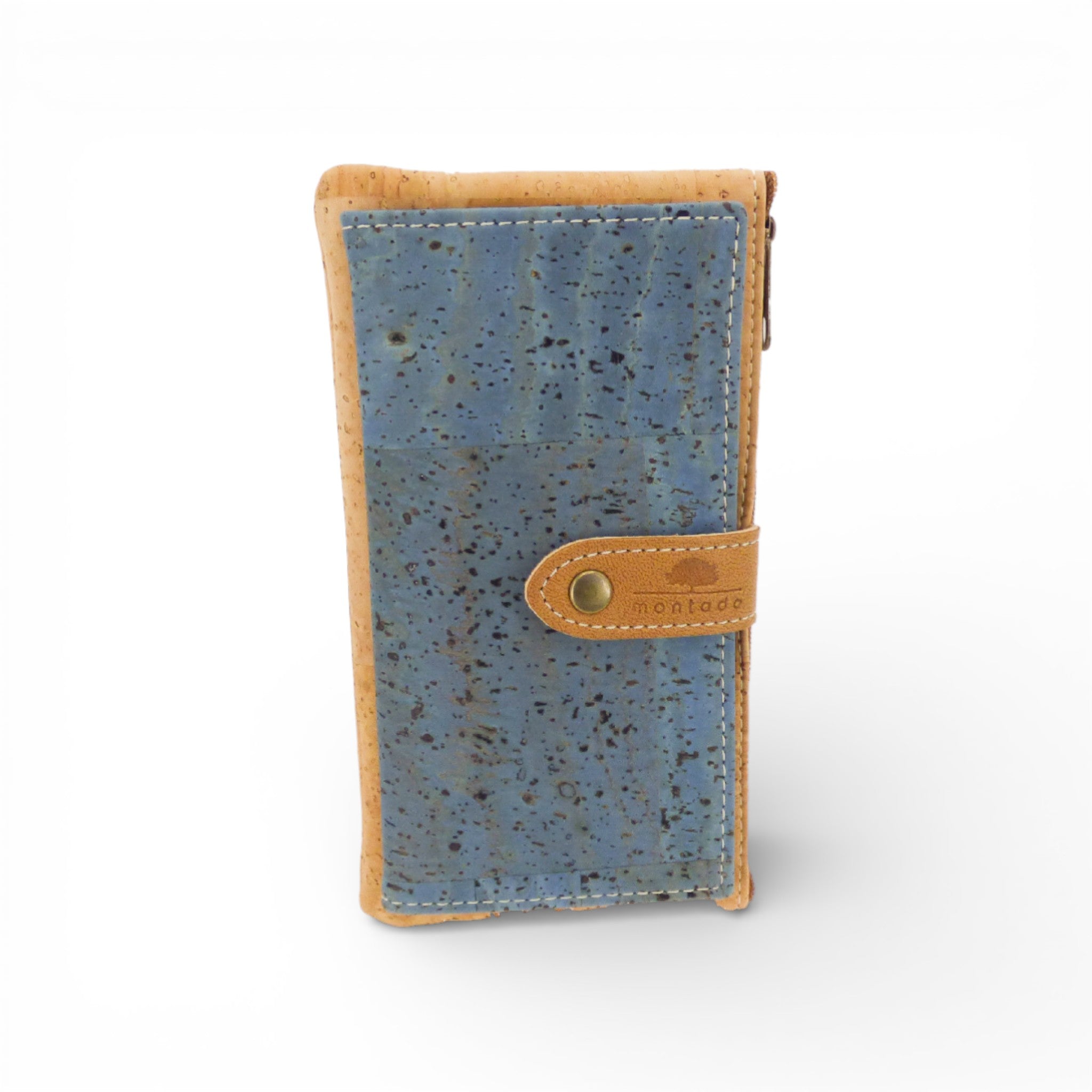 Portefeuille en liège Montado "Pratique & Sécurisé" avec RFID, ouvert montrant compartiments et texture naturelle.