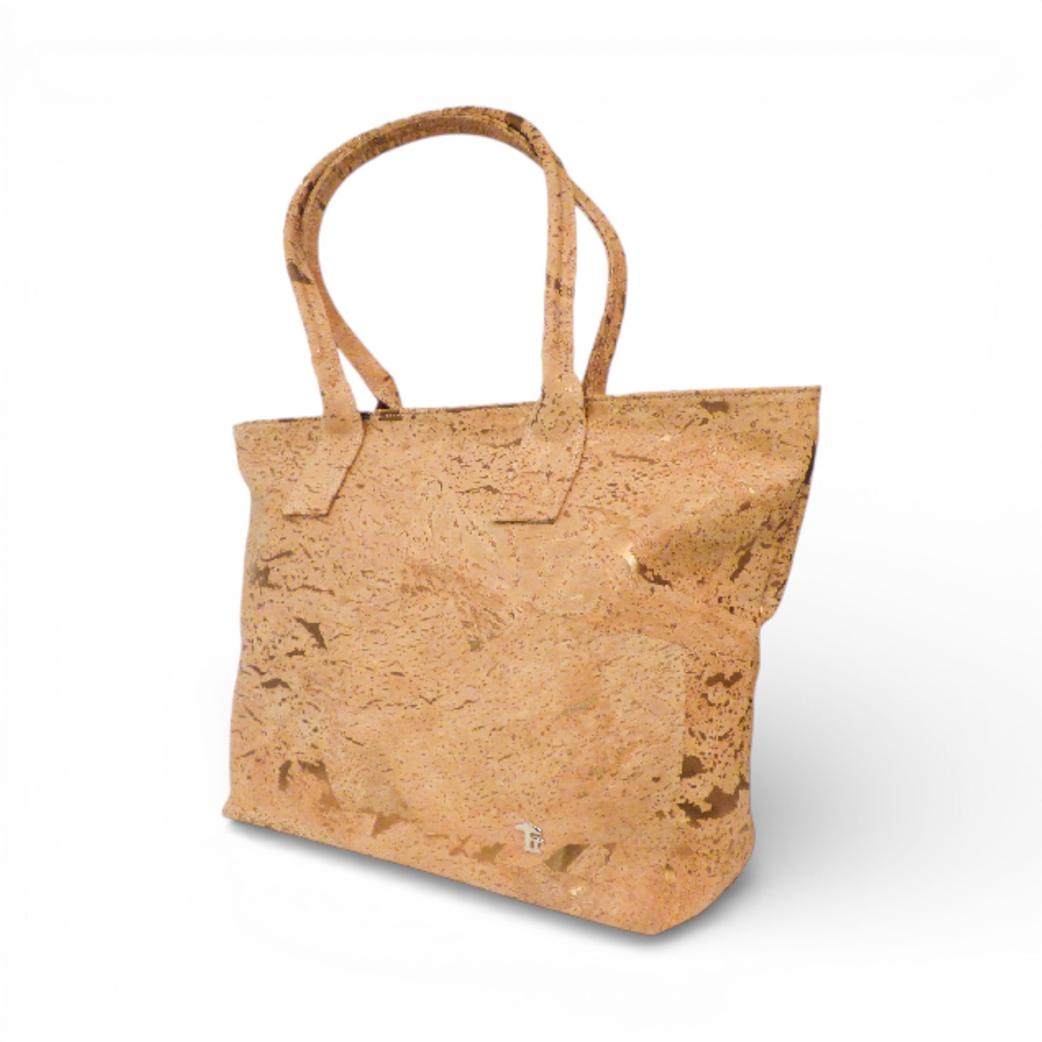 Cabas en liège pailleté or de trois-quarts — Cork Design, deux anses, breloque métal, Portugal
