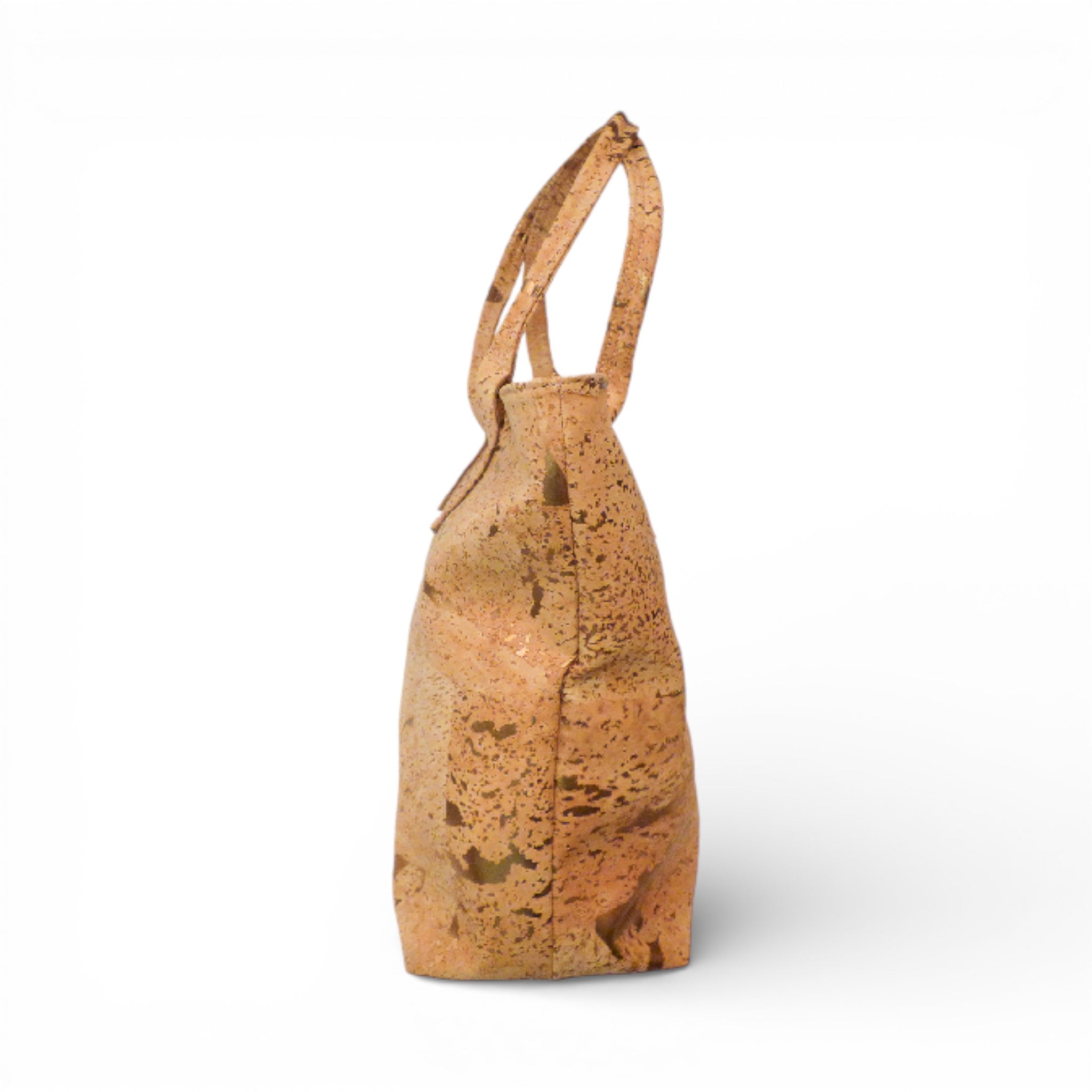 Profil d'un cabas en liège pailleté or — Cork Design, soufflet latéral, anses dressées, Portugal
